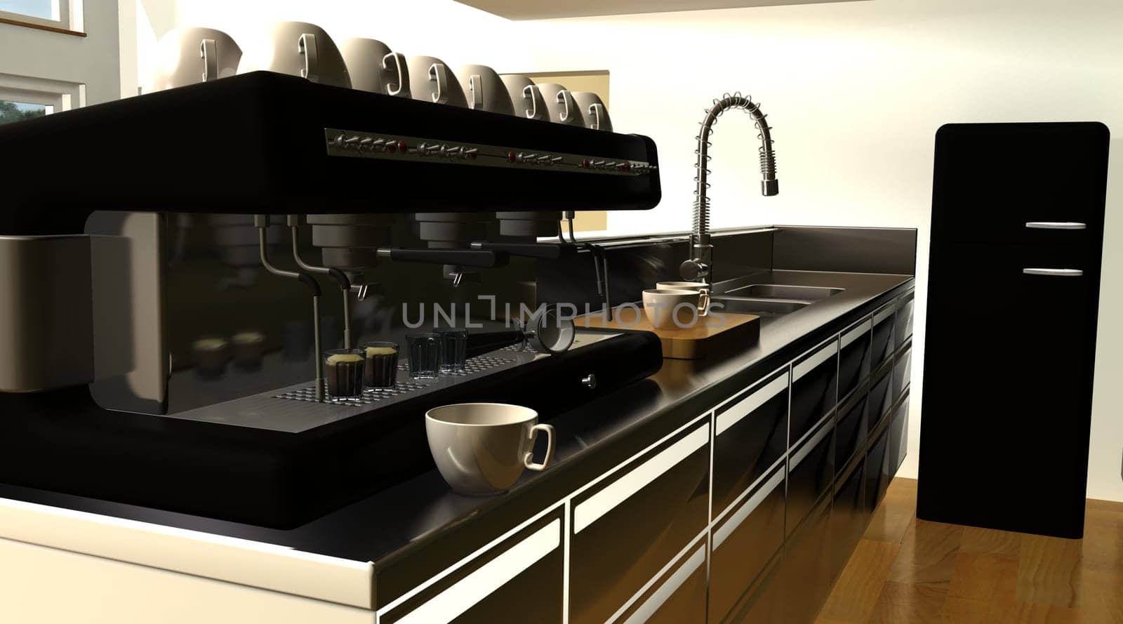 3D render of cafe bar interior and espresso machine