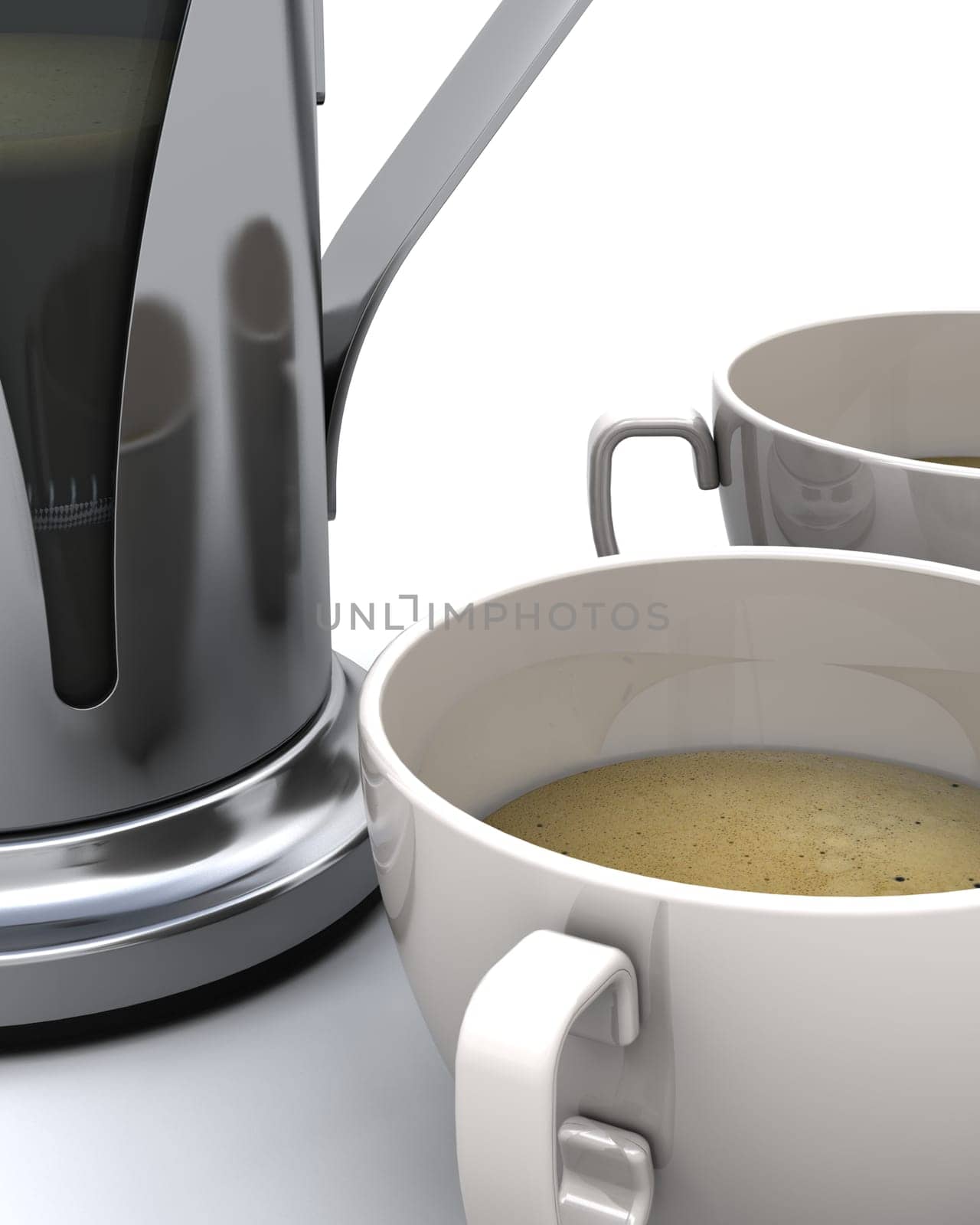 3D render of a coffee pot and cups of coffee