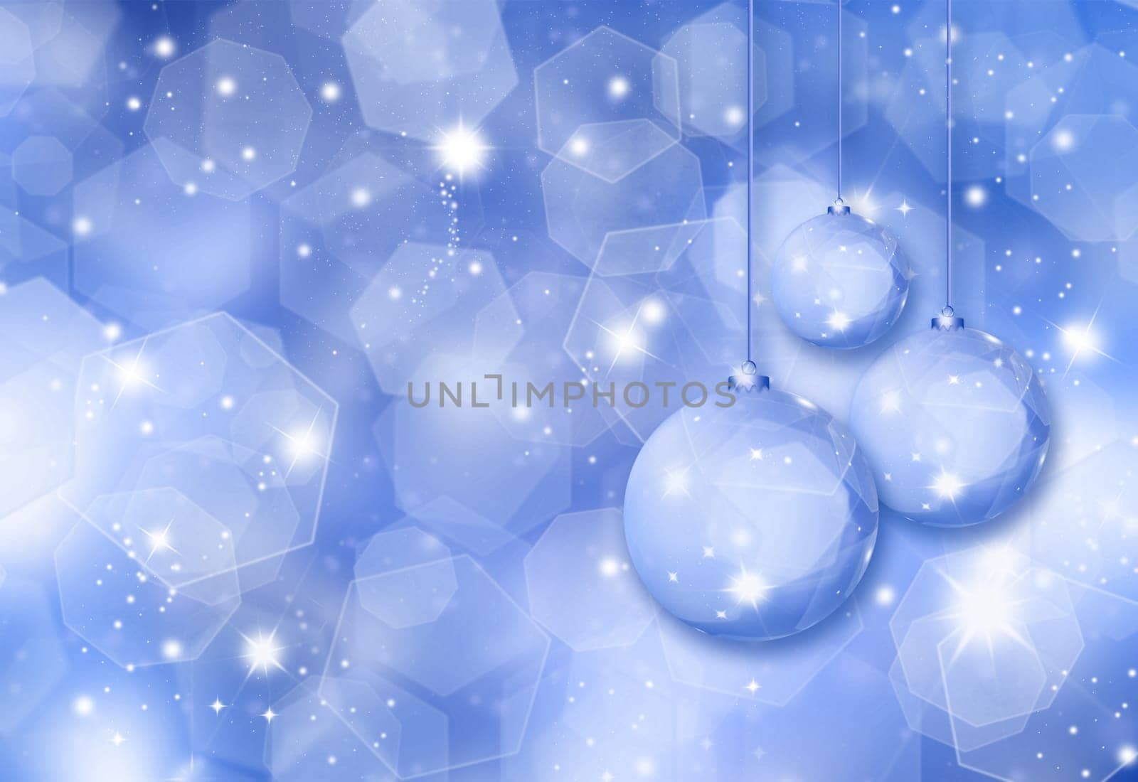 Christmas baubles on a glittery blue background