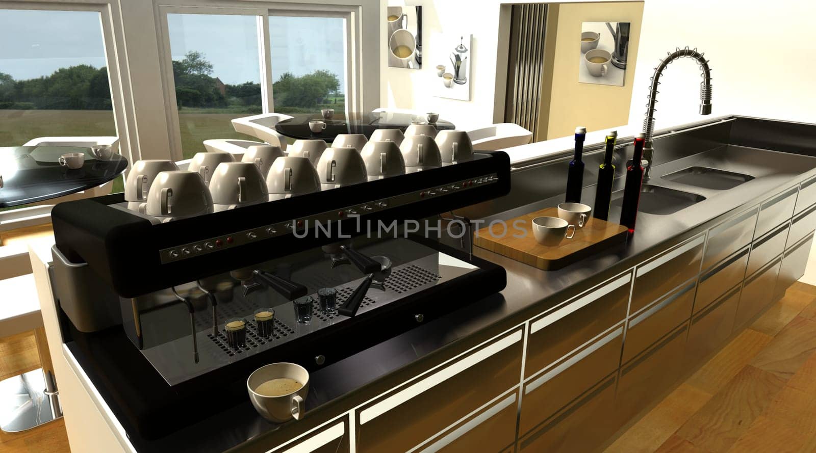 3D render of cafe bar interior and espresso machine