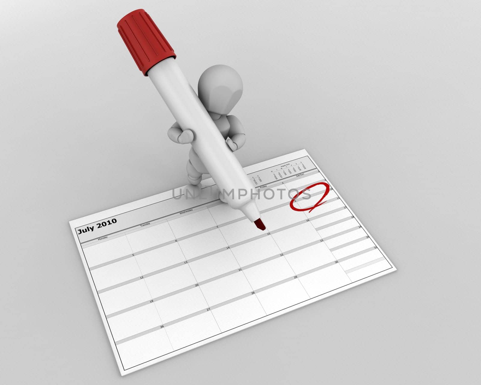 3D render of a man with marker marking the date on a calender