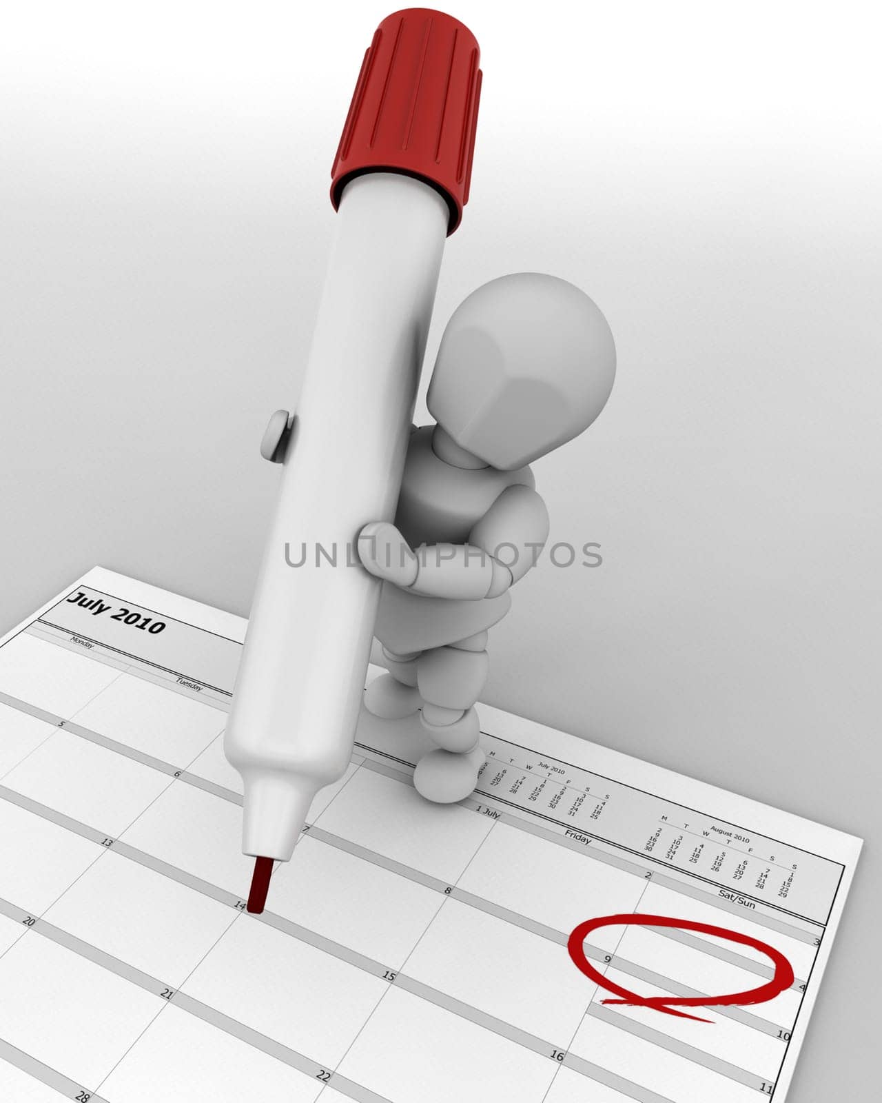 3D render of a man with marker marking the date on a calender