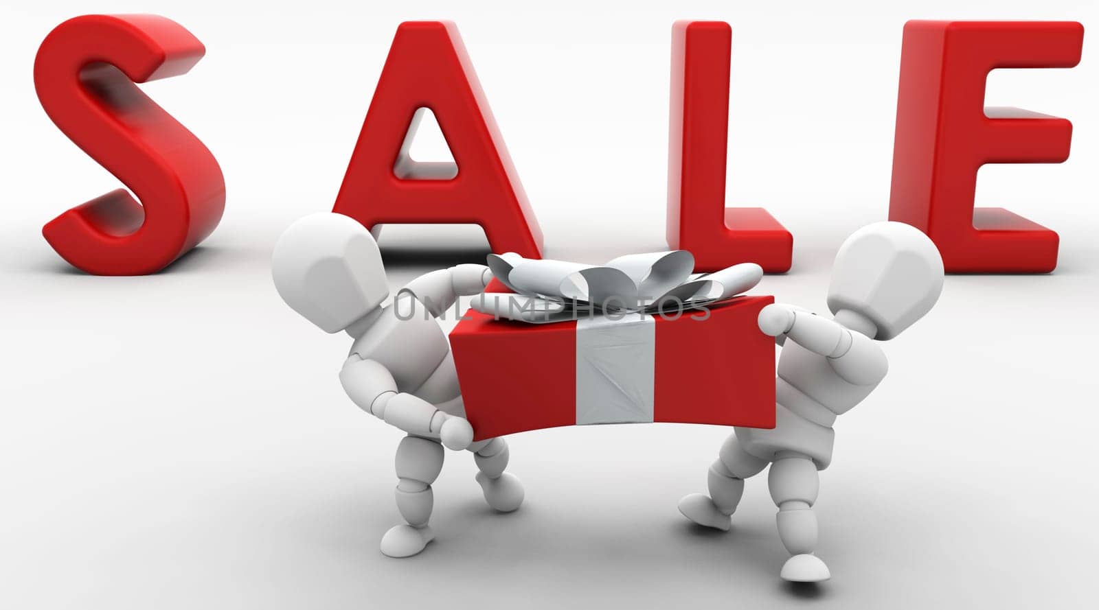 3D render of people pulling at a gift in the sales