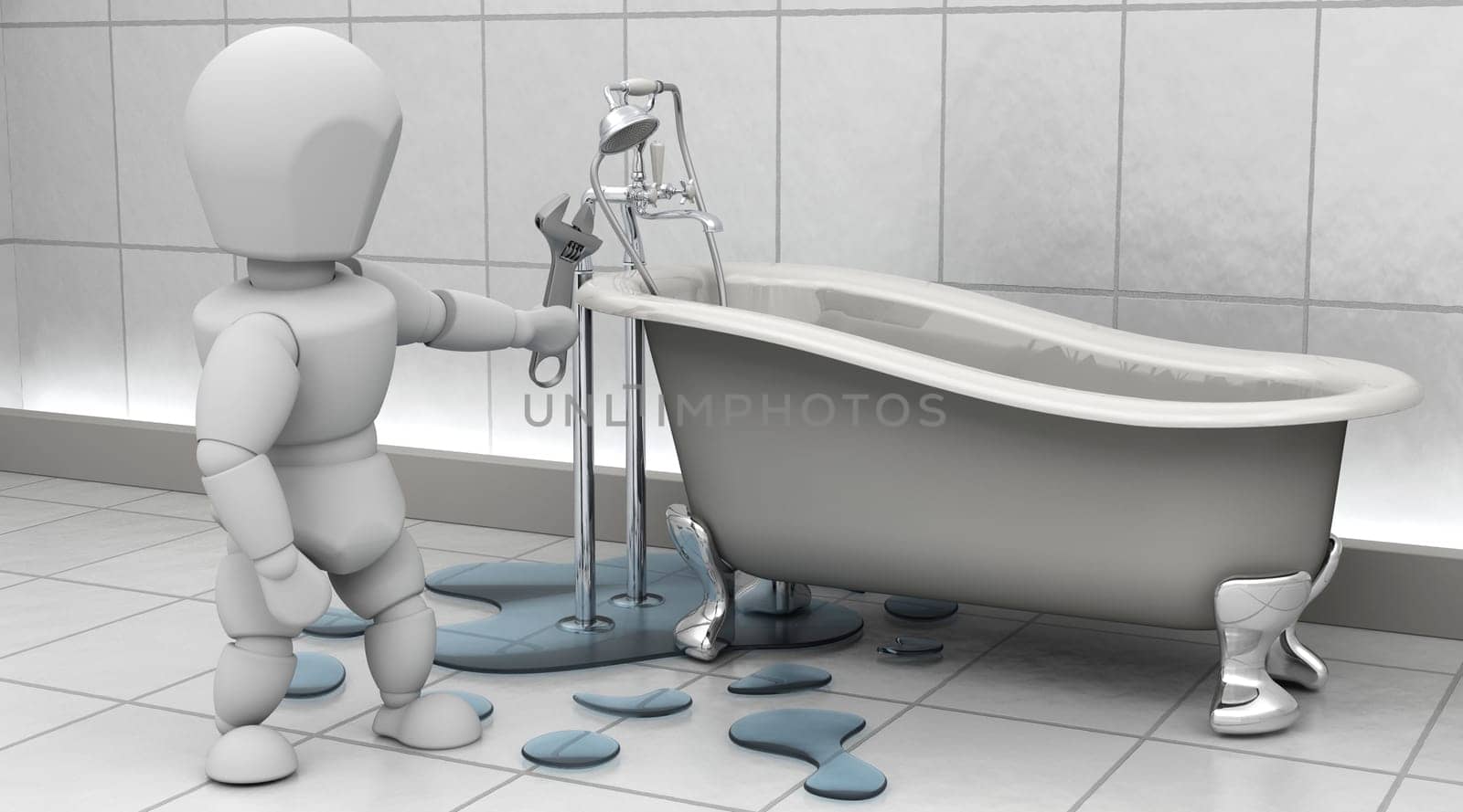 3D render of a plumber fixing a leak