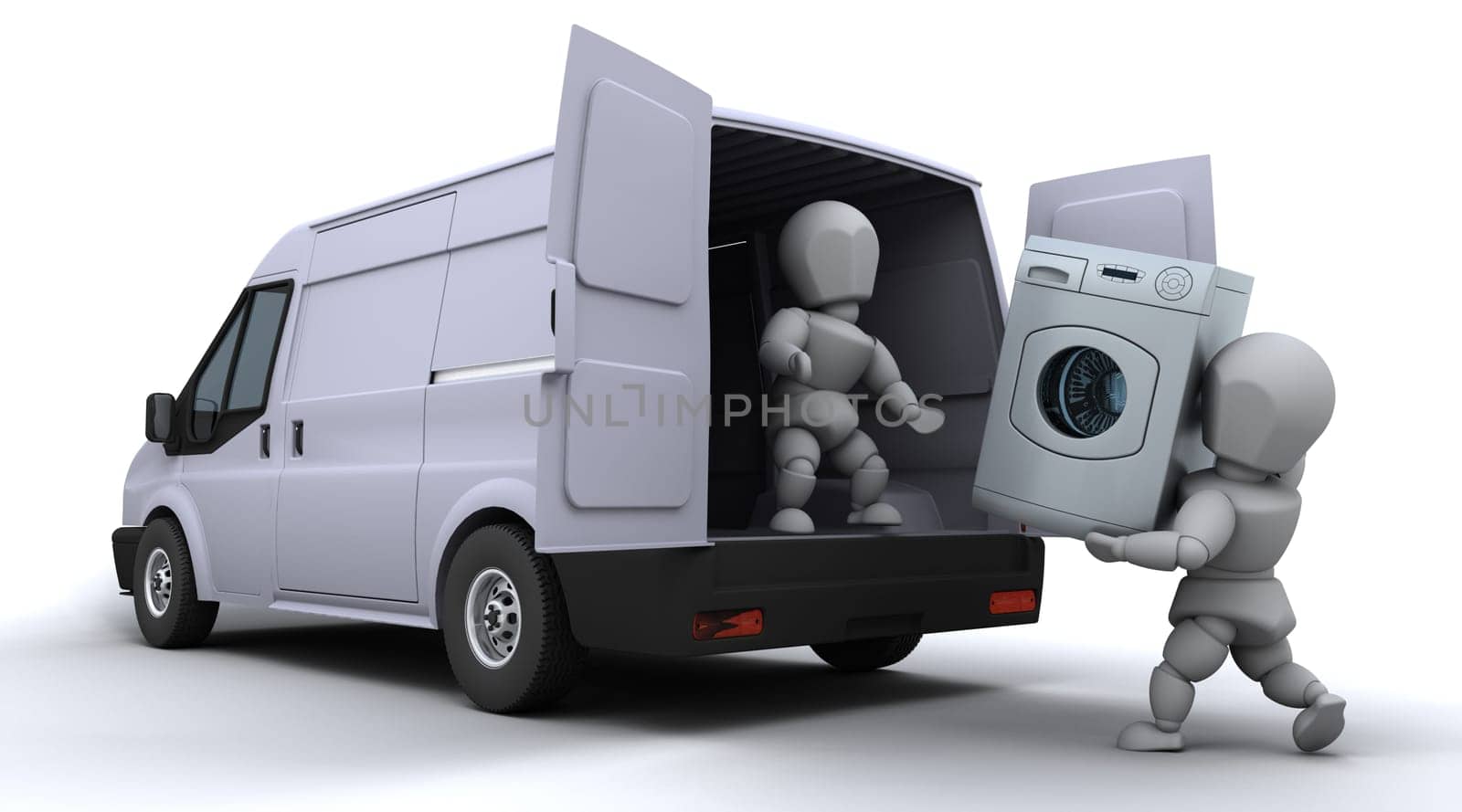 3D render of removal men loading a van