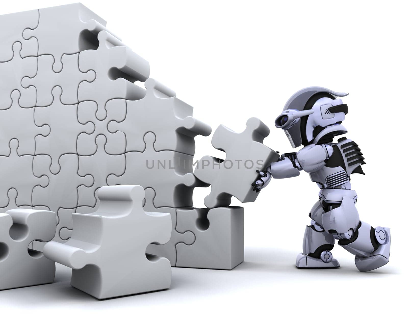 3D render of a robot solving jigsaw puzzle