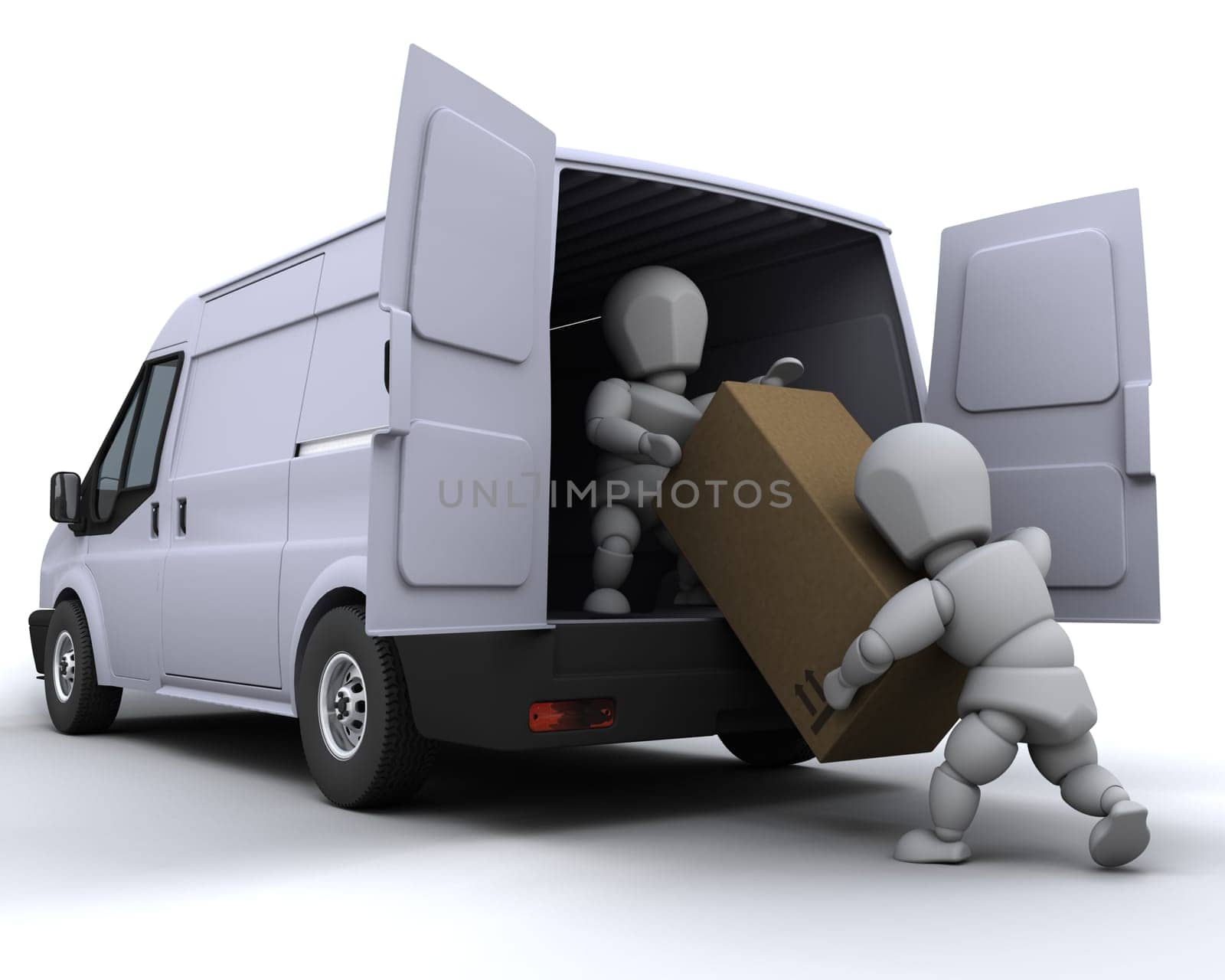 3D render of removal men loading a van