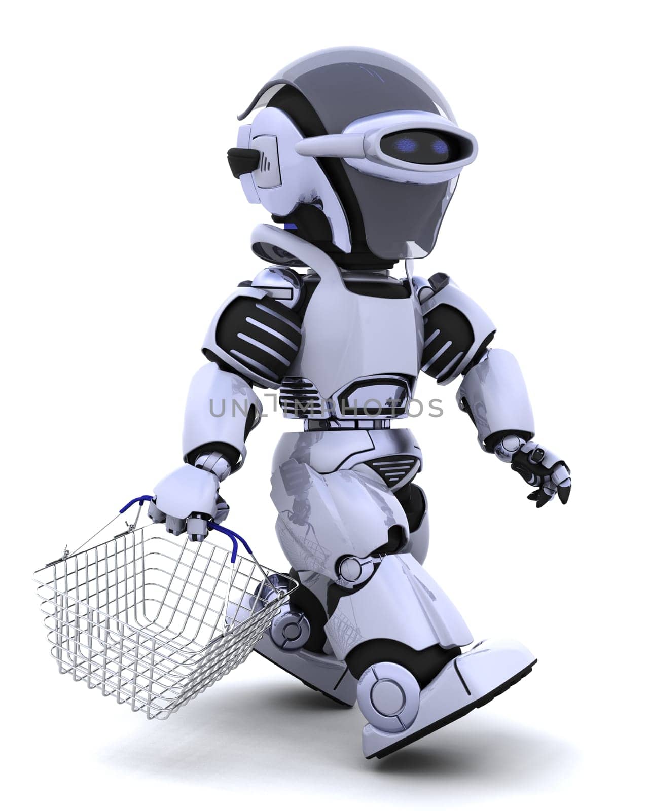 3D render of a robot shopping with a basket