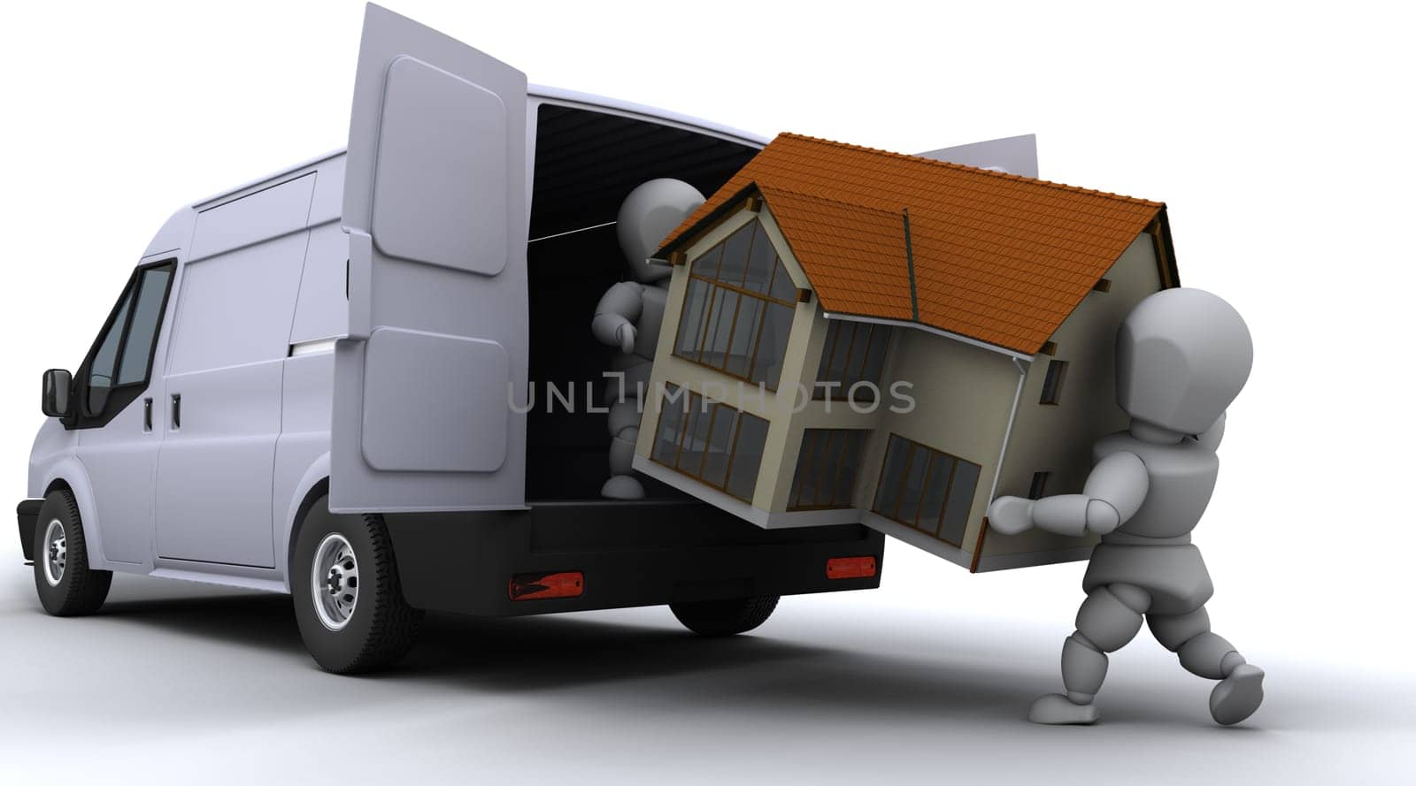 3D render of removal men loading a van