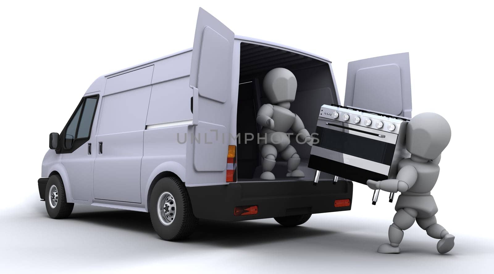 3D render of removal men loading a van