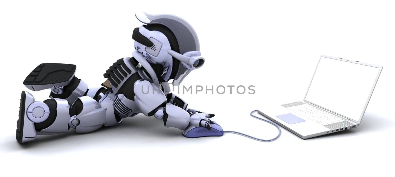 3D render of robot with a laptop and mouse