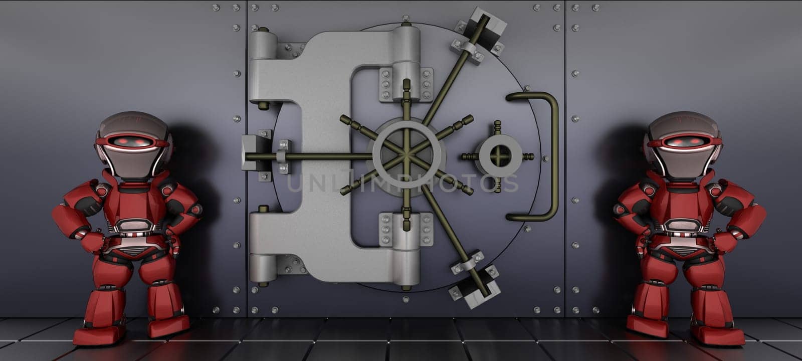 3D render of a robots guarding a bank vault