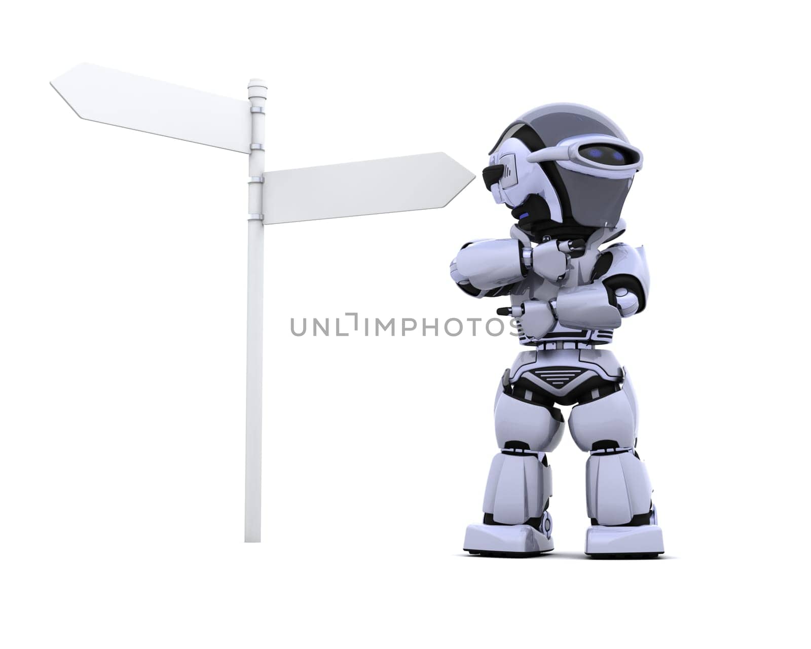 3D render of a robot at a signpost