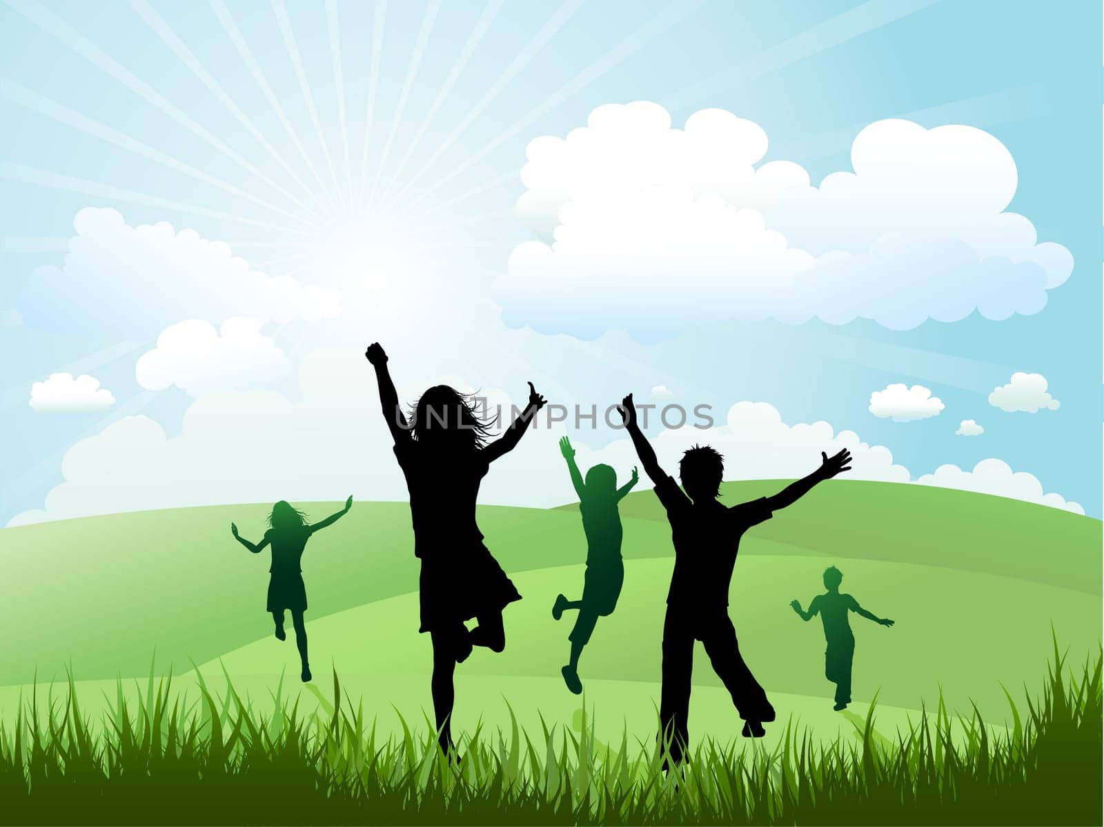 Silhouettes of children running and playing on a hill