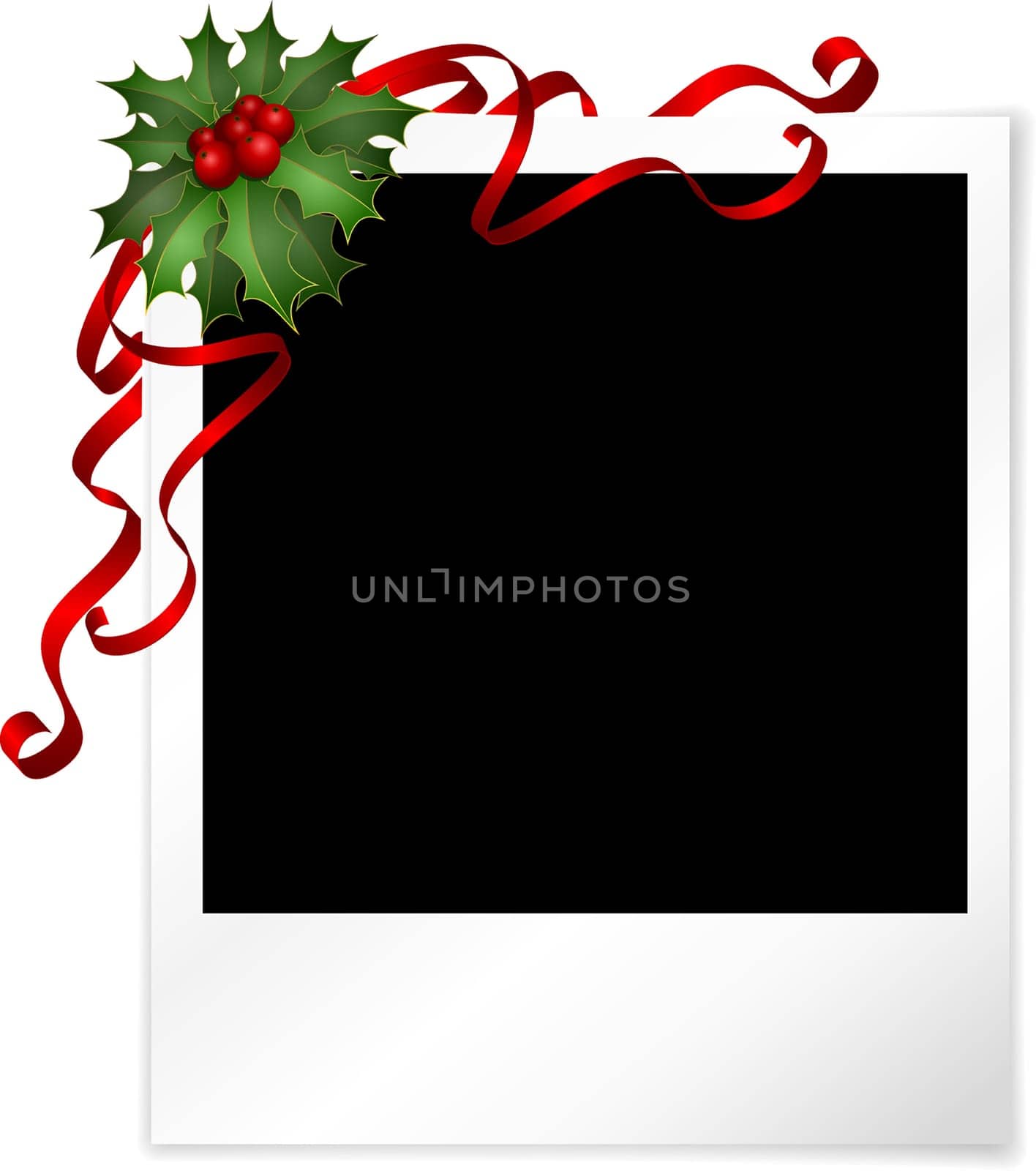 Christmas background with blank photo, holly and berries
