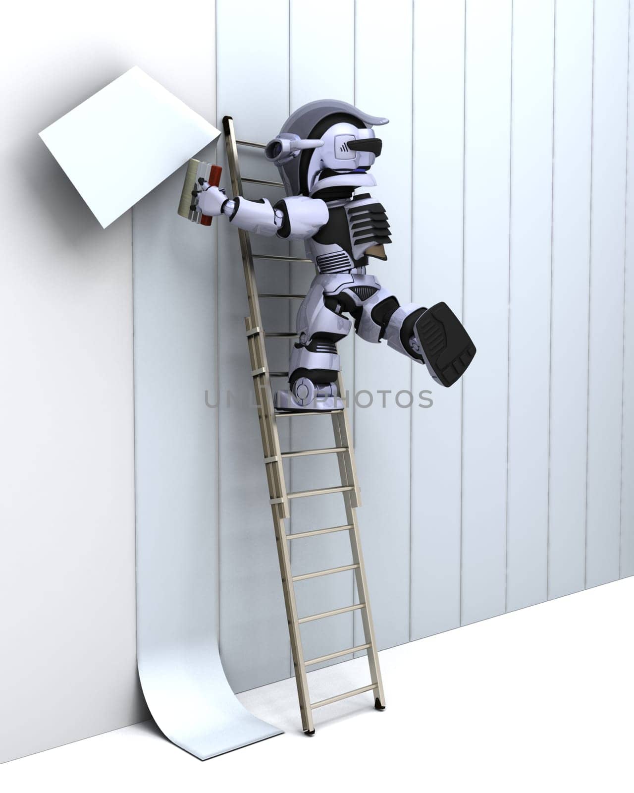 3D render of robot decorating a wall