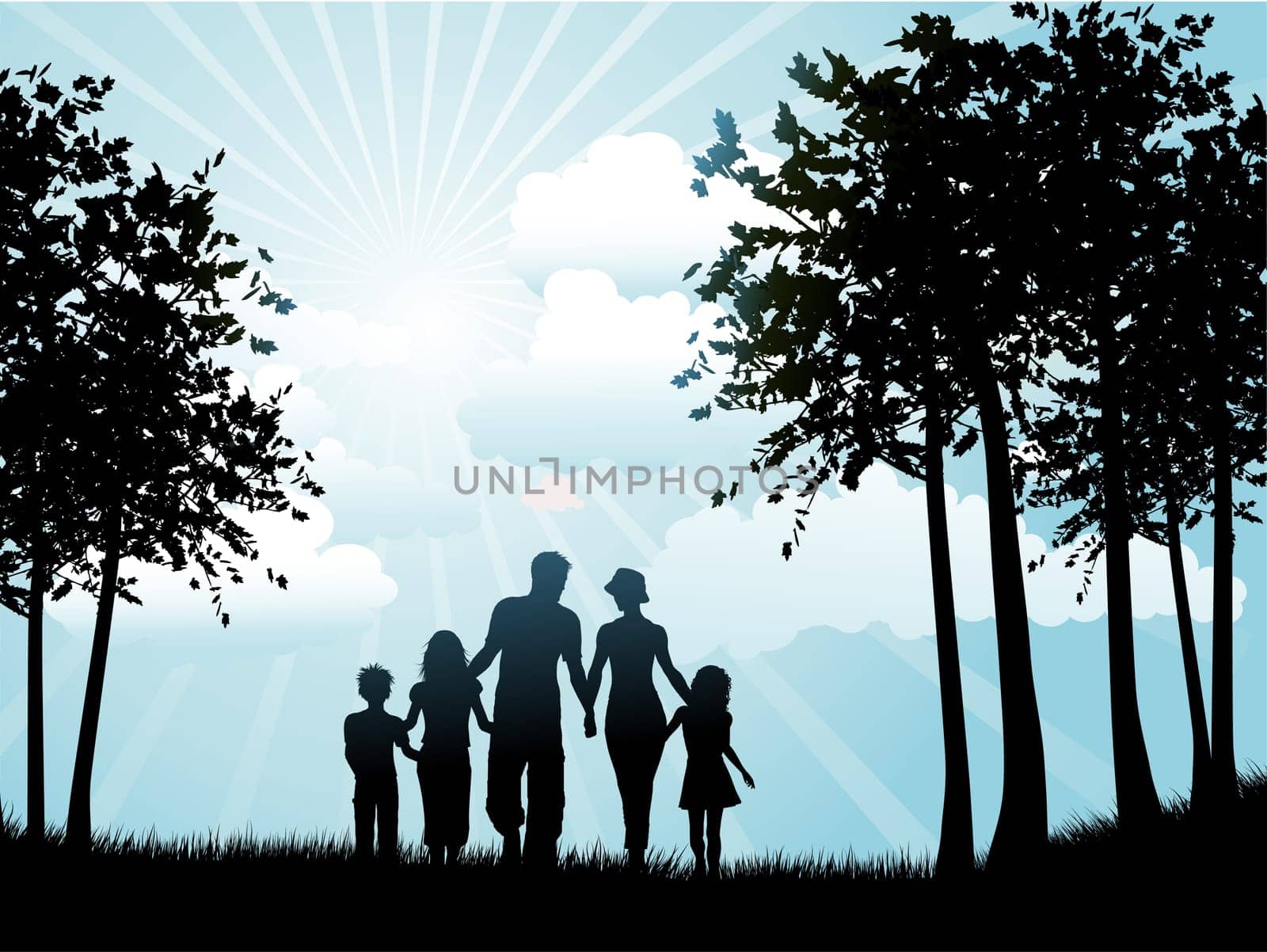 Silhouette of a family out walking on a sunny day