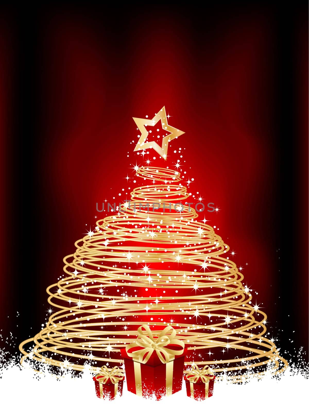 Metallic gold Christmas tree and gifts on a snowy background