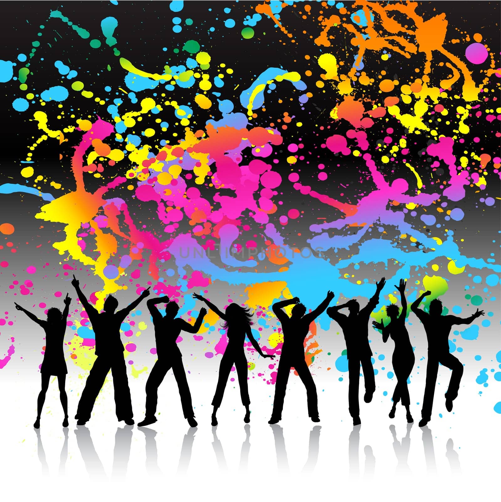 Silhouettes of people dancing on a grunge splatter background