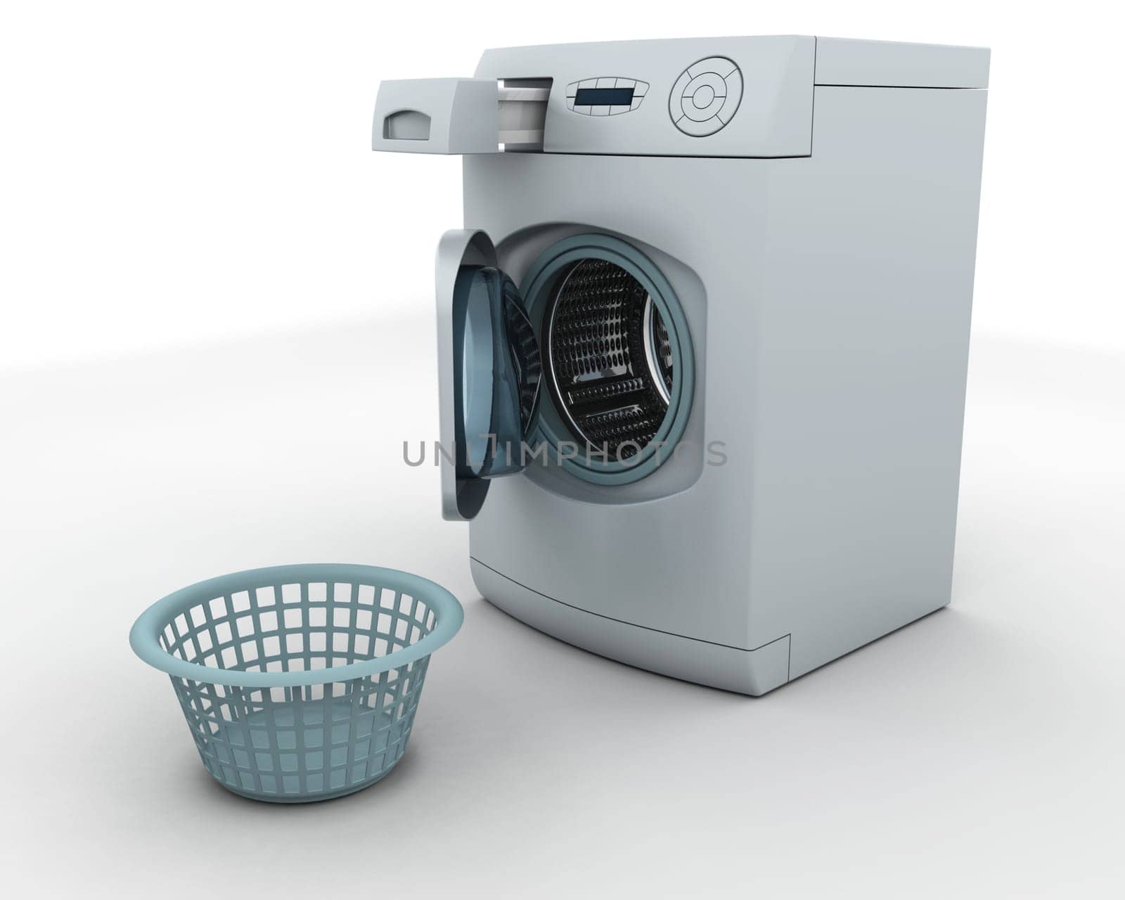 3D render of a washing machine and laundry basket