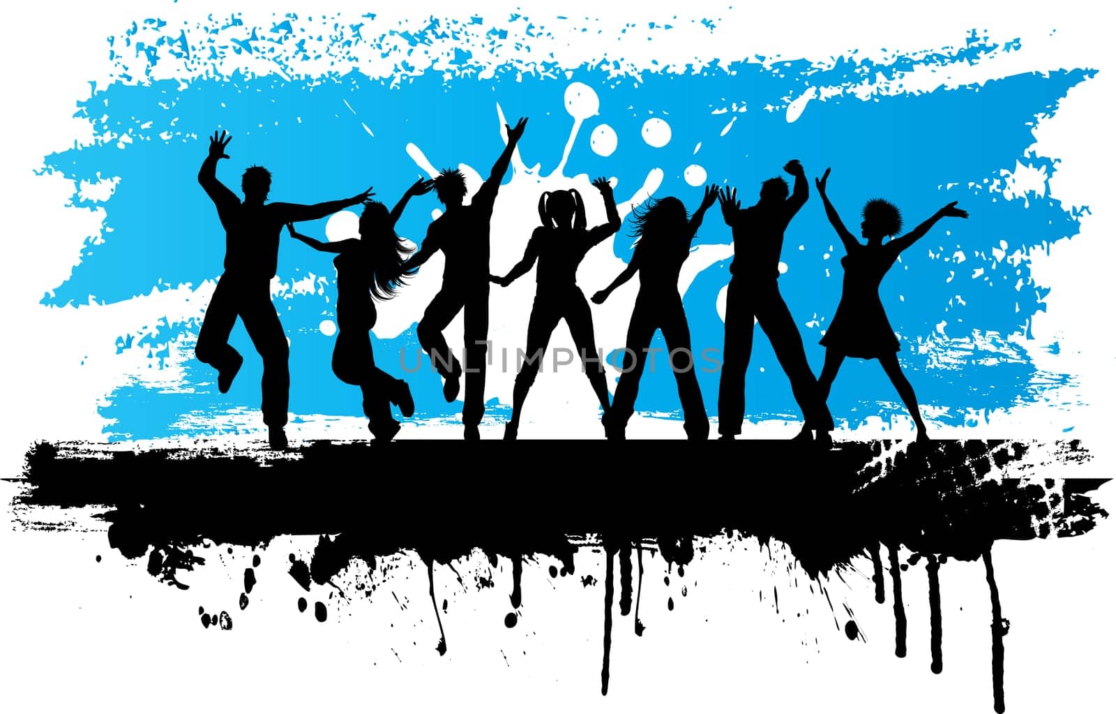 Silhouettes of people dancing on a grunge background