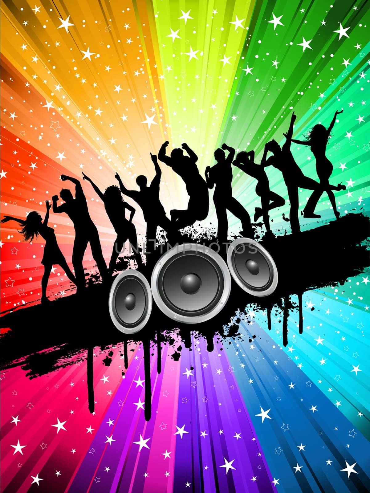 Silhouettes of people dancing on a starry multi coloured background