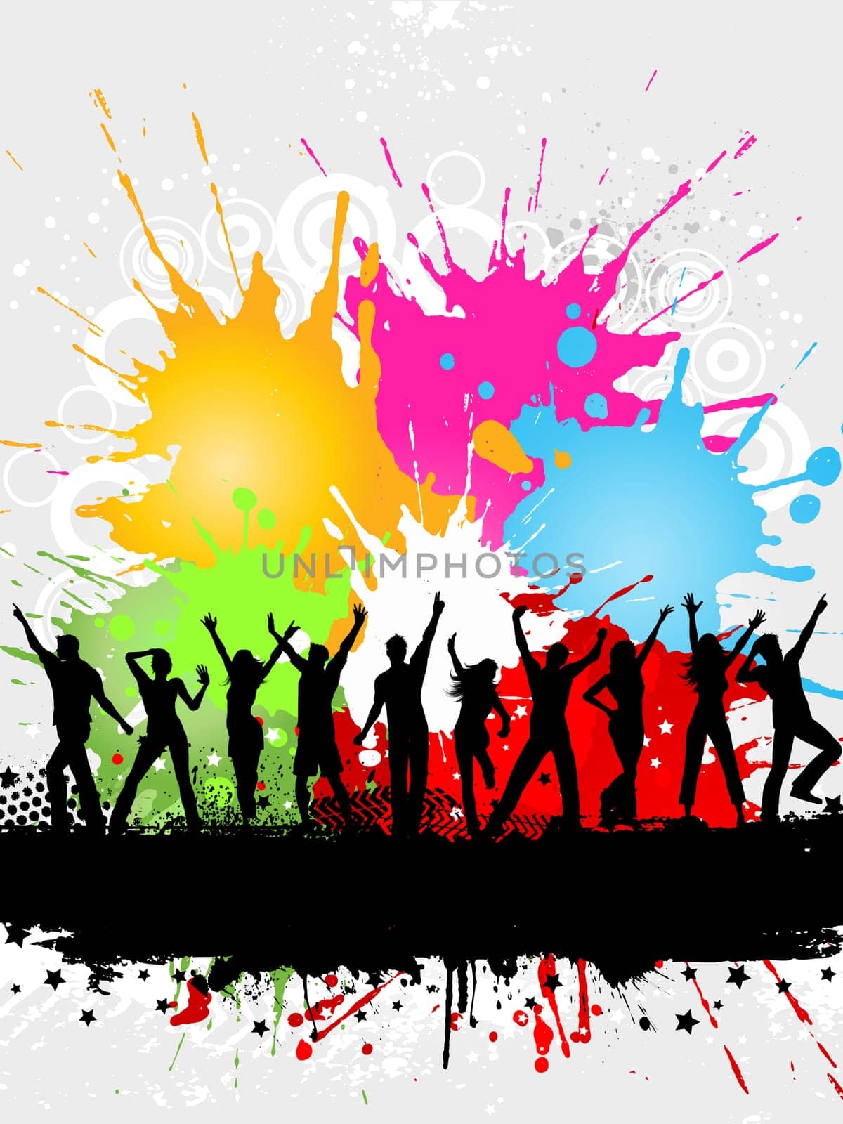 Silhouettes of people dancing on a grunge background