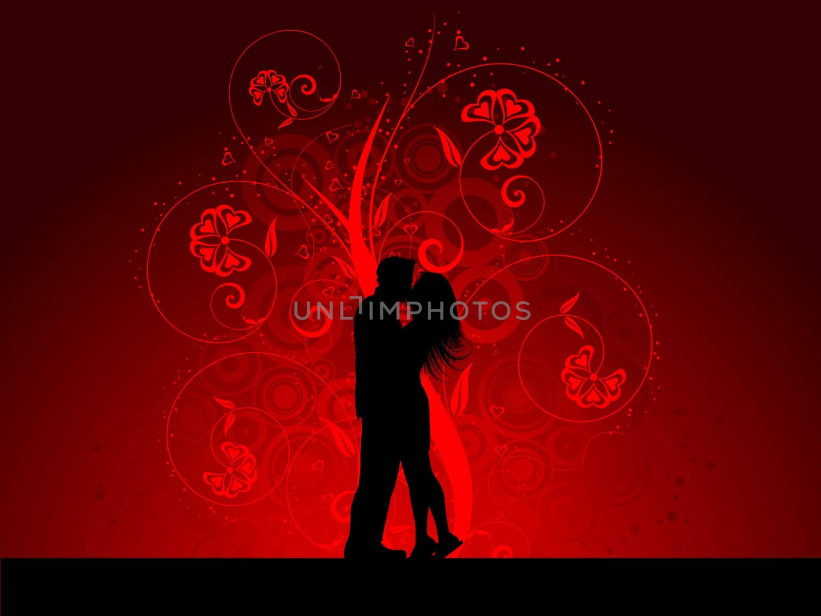 Silhouette of a kissing couple on a decorative background