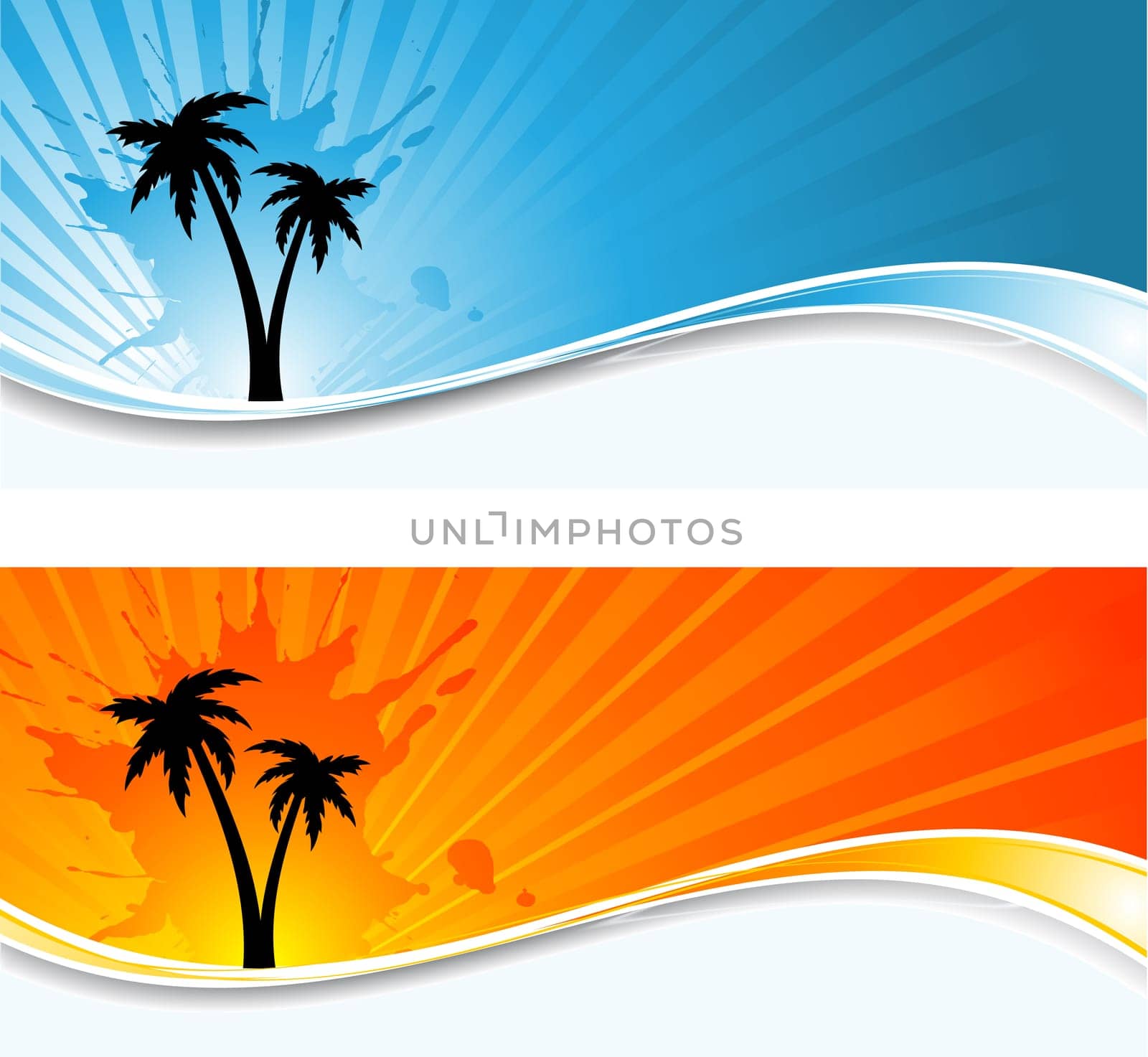 Silhouettes of palm trees on grunge sunburst backgrounds