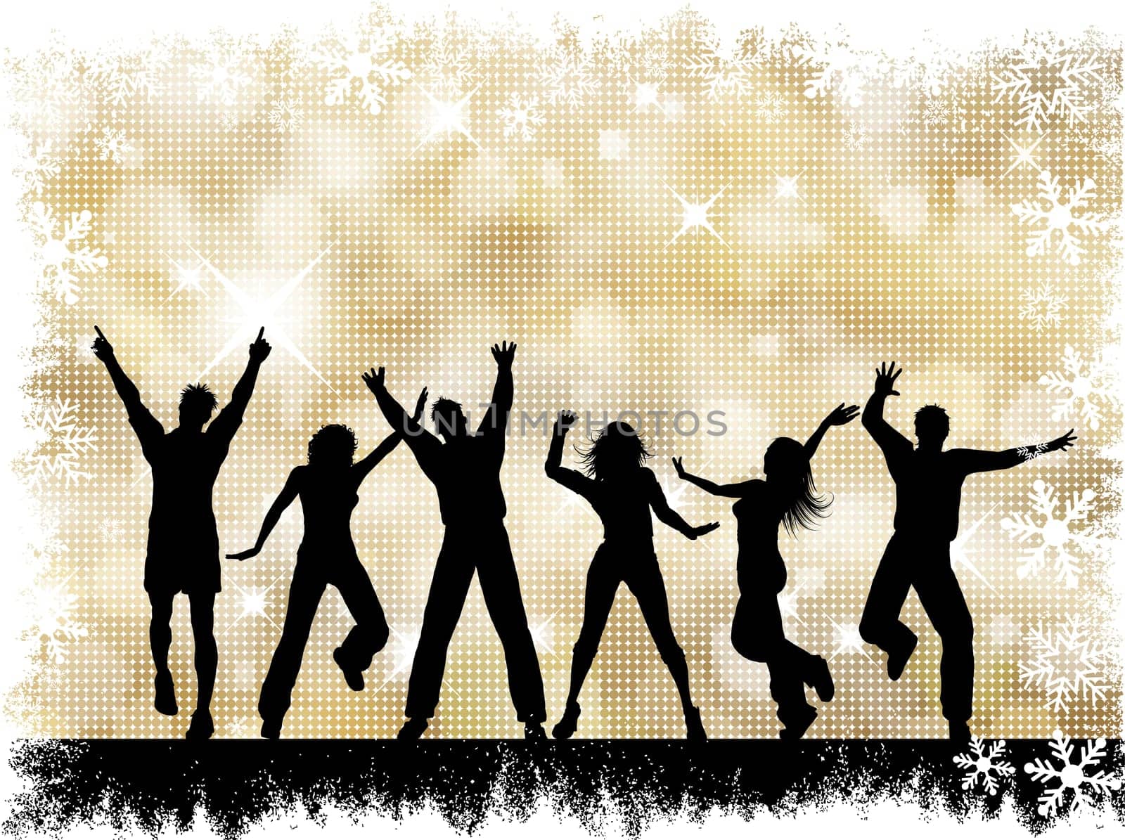Silhouettes of people dancing on a golden snowflake halftone background