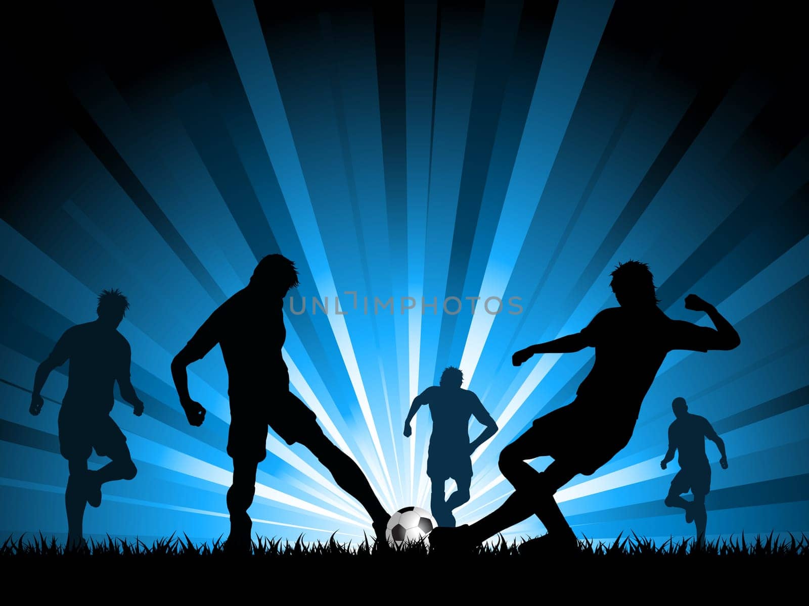 Silhouettes of a group of men playing soccer