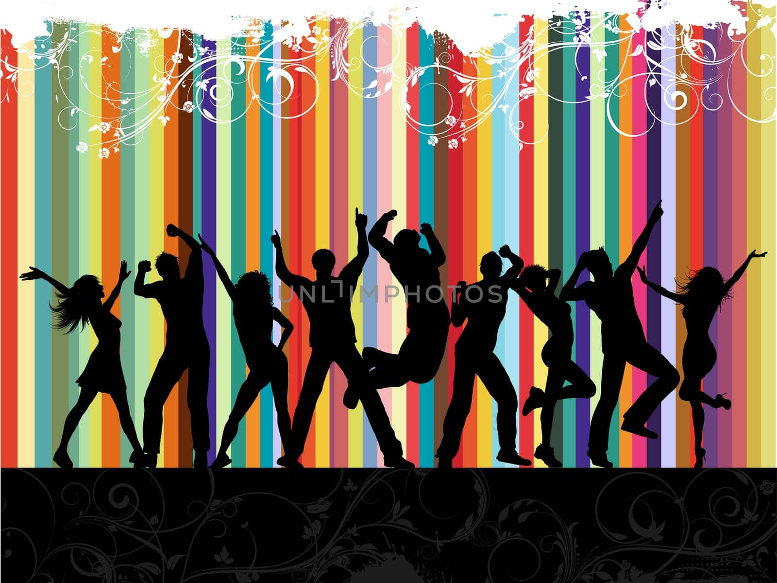 Silhouettes of people dancing on a floral grunge background