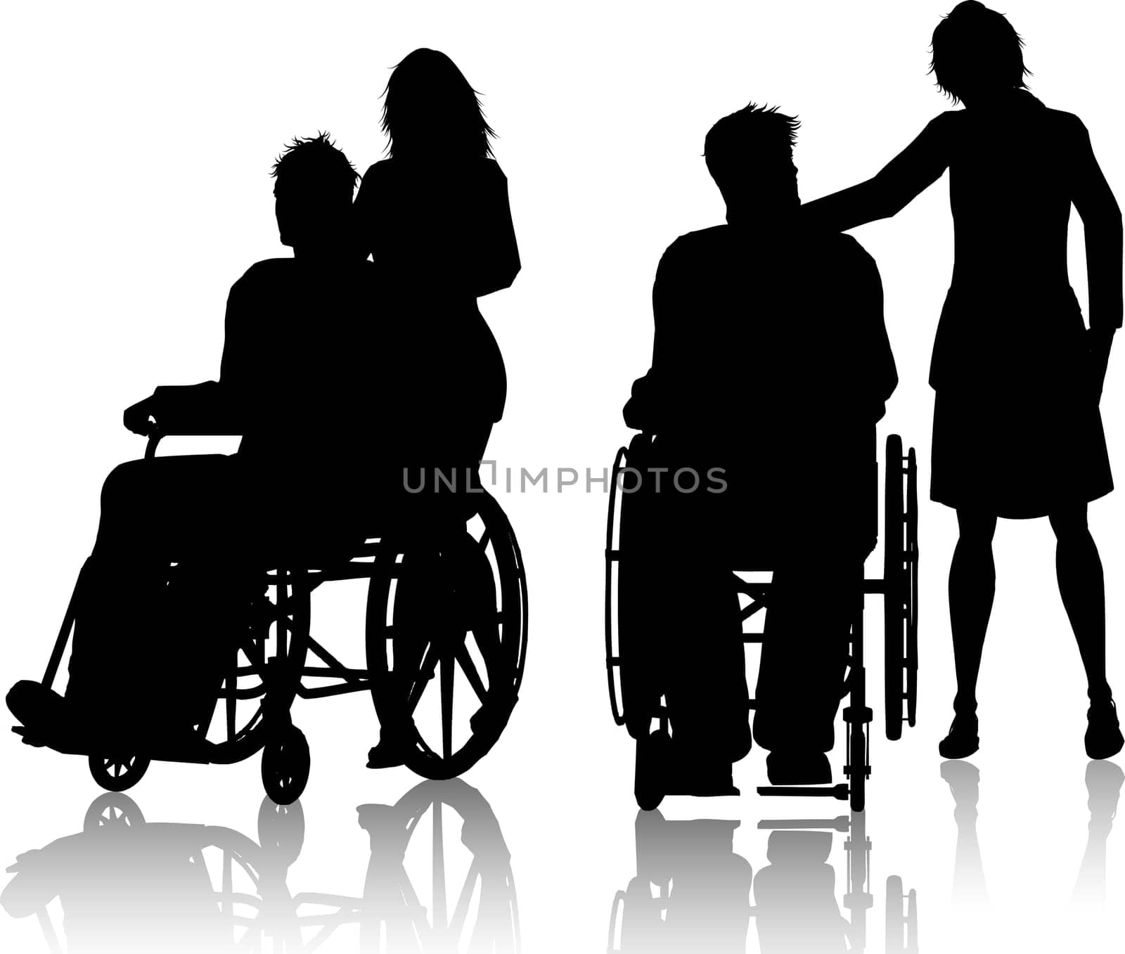 Silhouette of men in wheelchairs with a woman