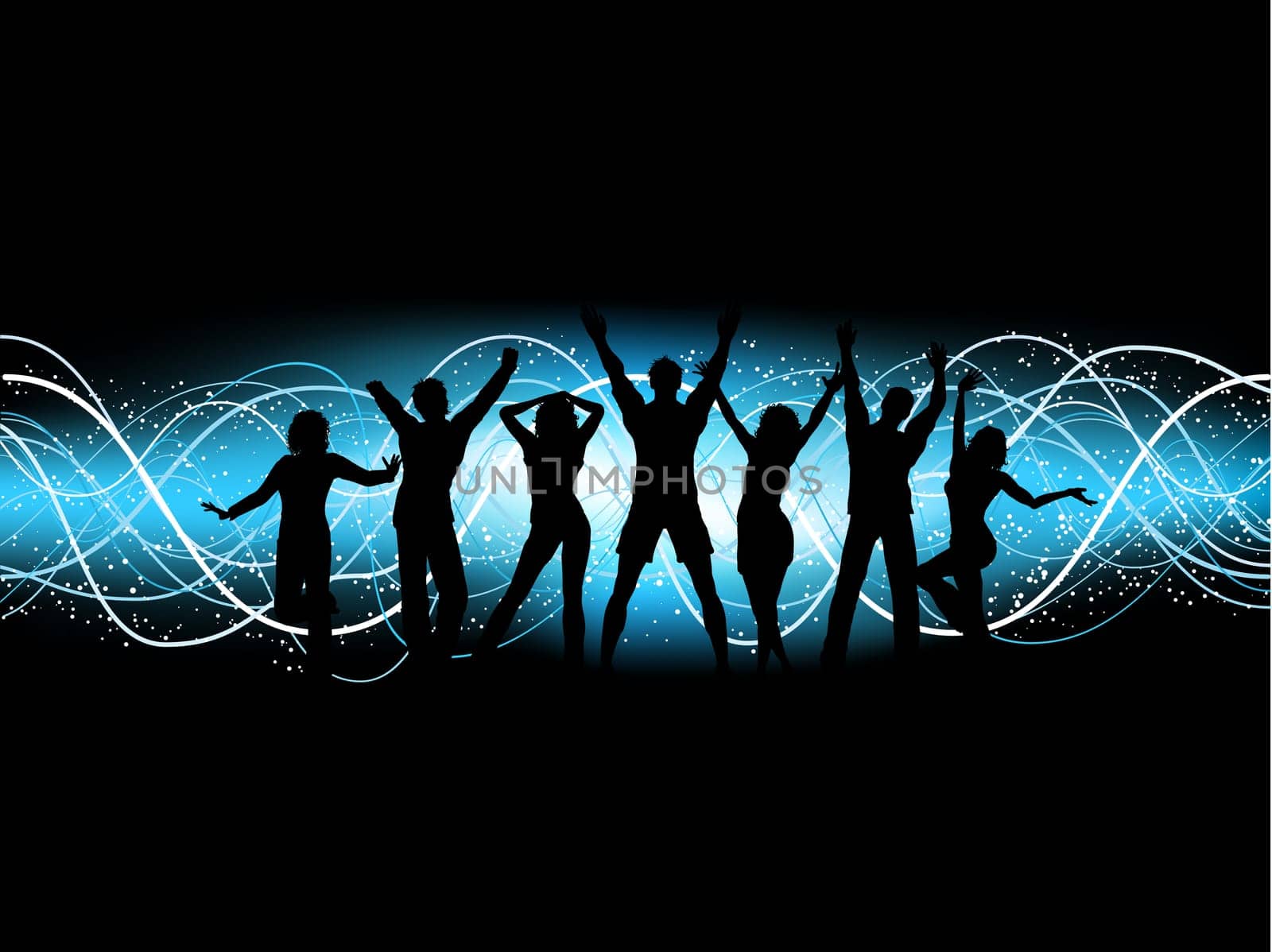 Silhouettes of people dancing on an electric blue abstract background
