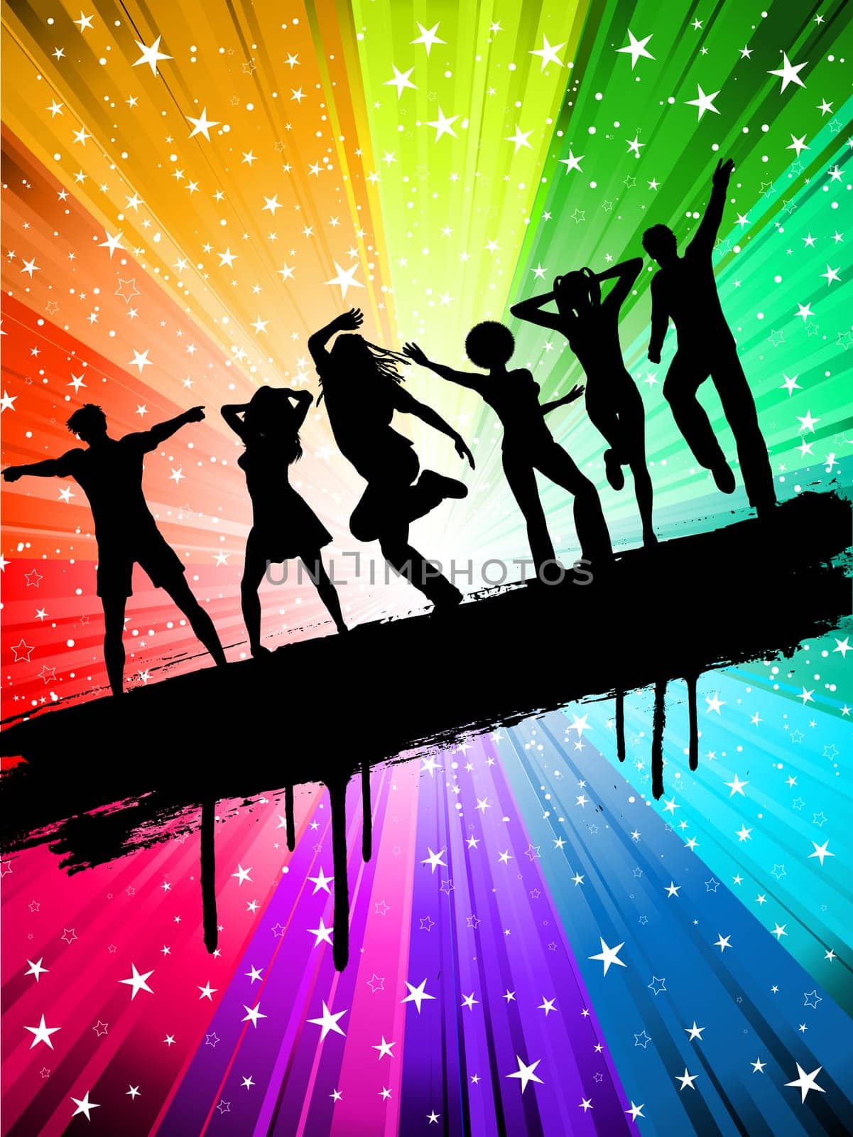 Silhouettes of people dancing on a starry multi coloured background