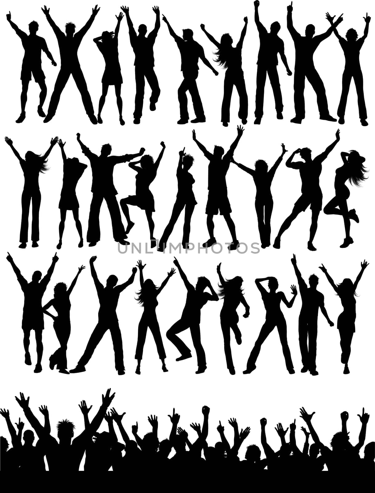 Large collection of silhouettes of party people and crowd