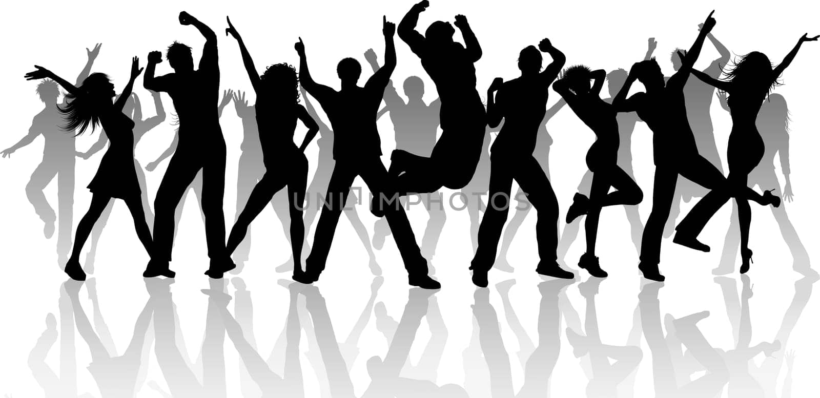 Silhouette of a large group of people dancing on a white background