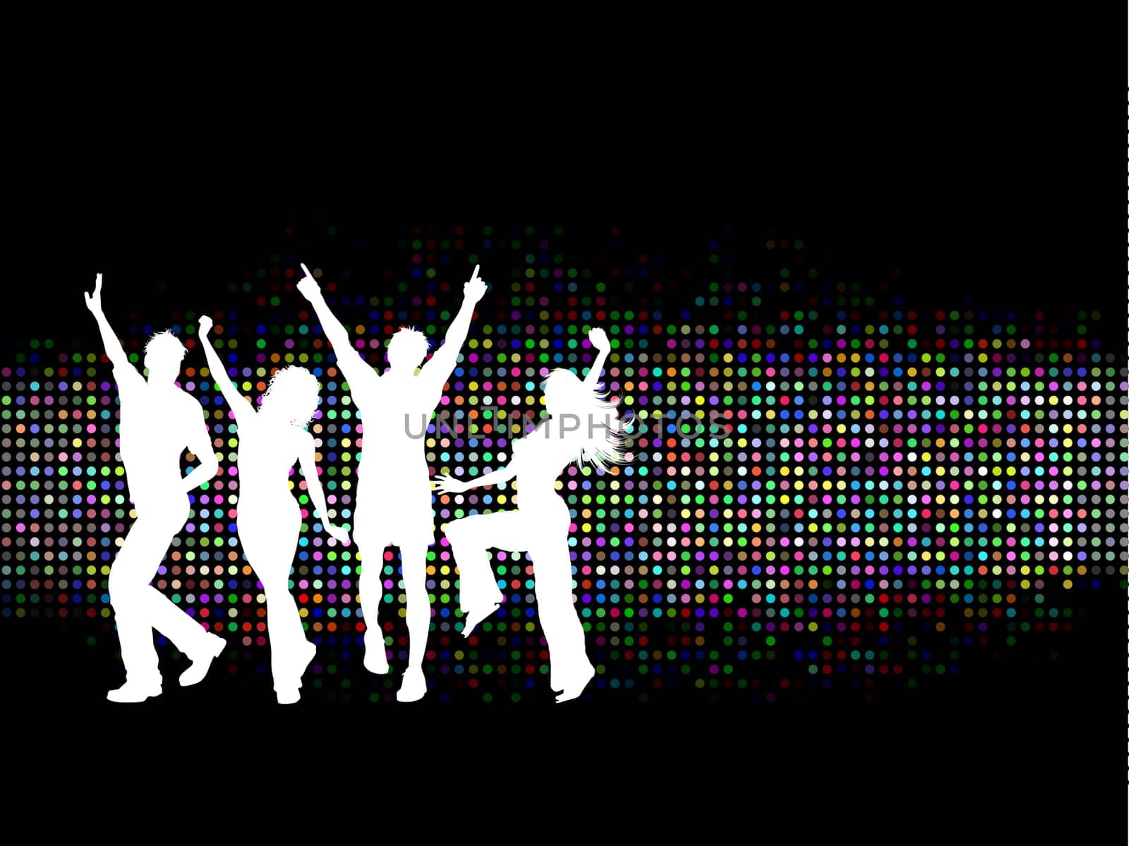 Silhouettes of people dancing on a colourful background