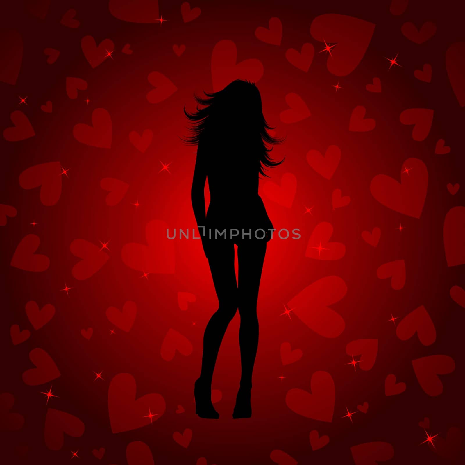 Silhouette of a sexy female on a heart background