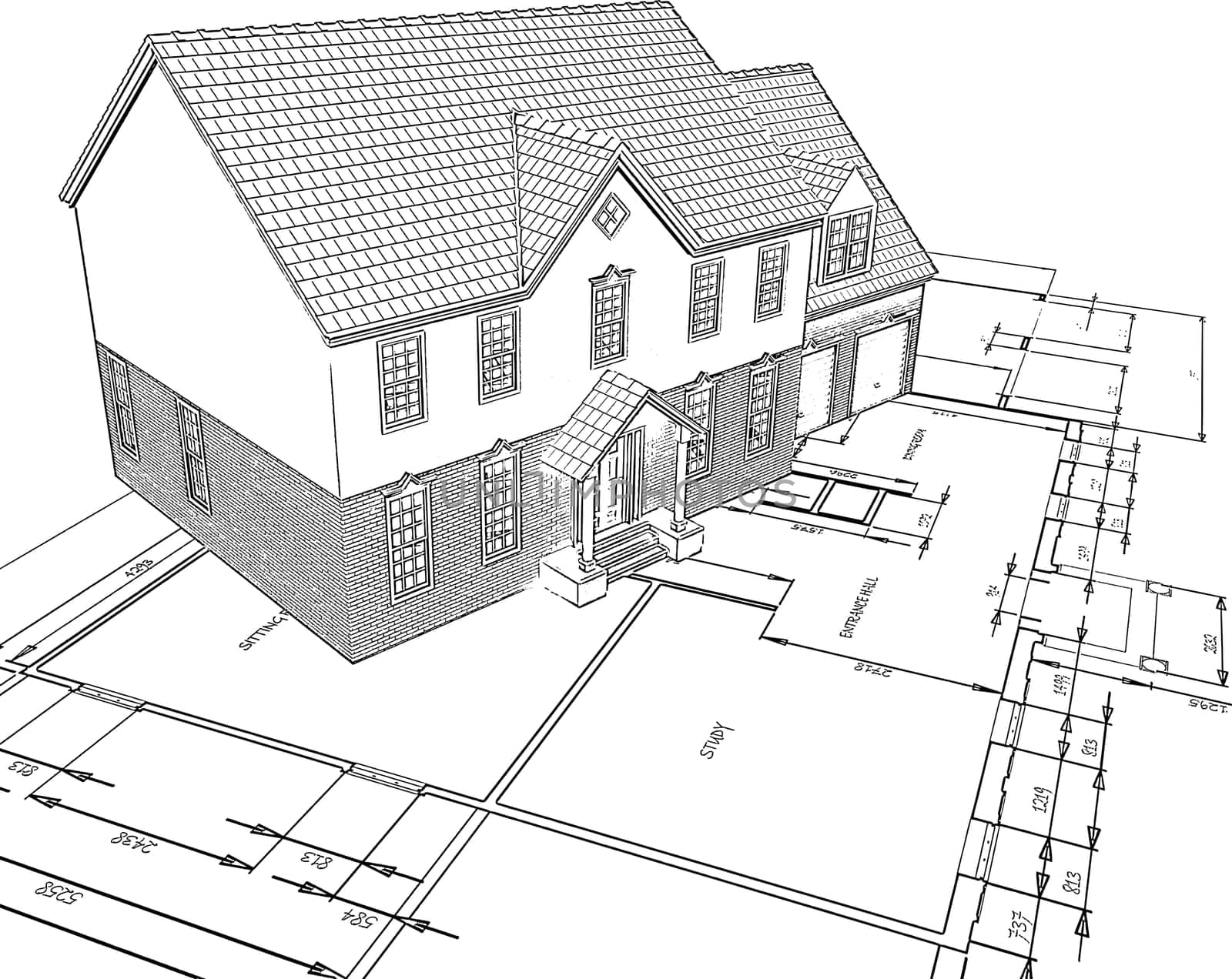 Sketched style illustration of a house on plans