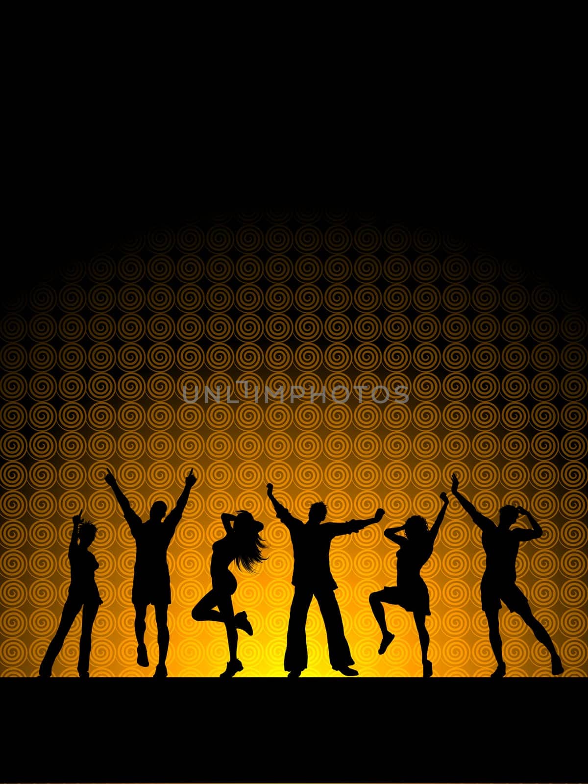 Silhouettes of people dancing on a golden background