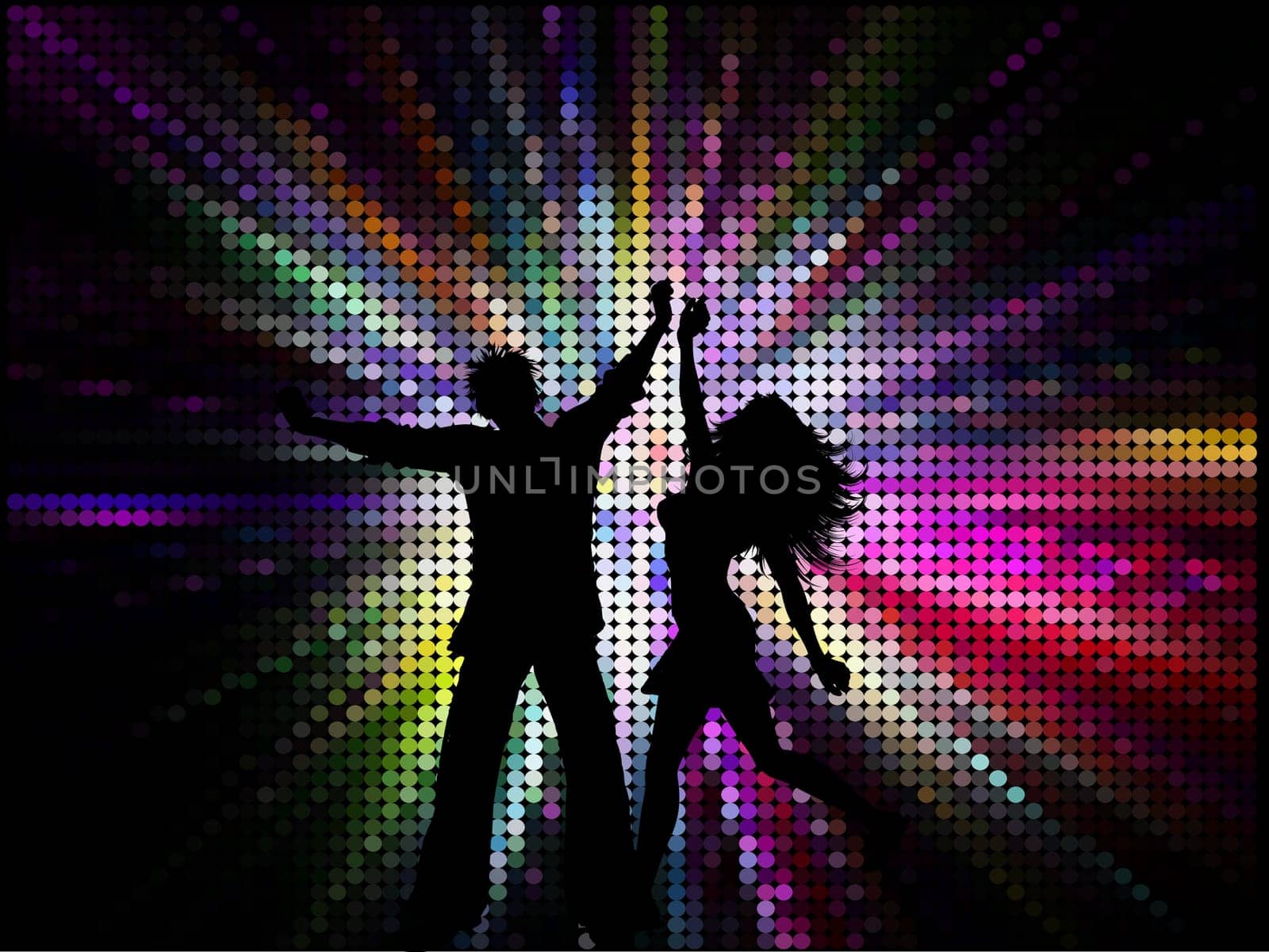 Silhouette of a couple dancing on a spectrum coloured background