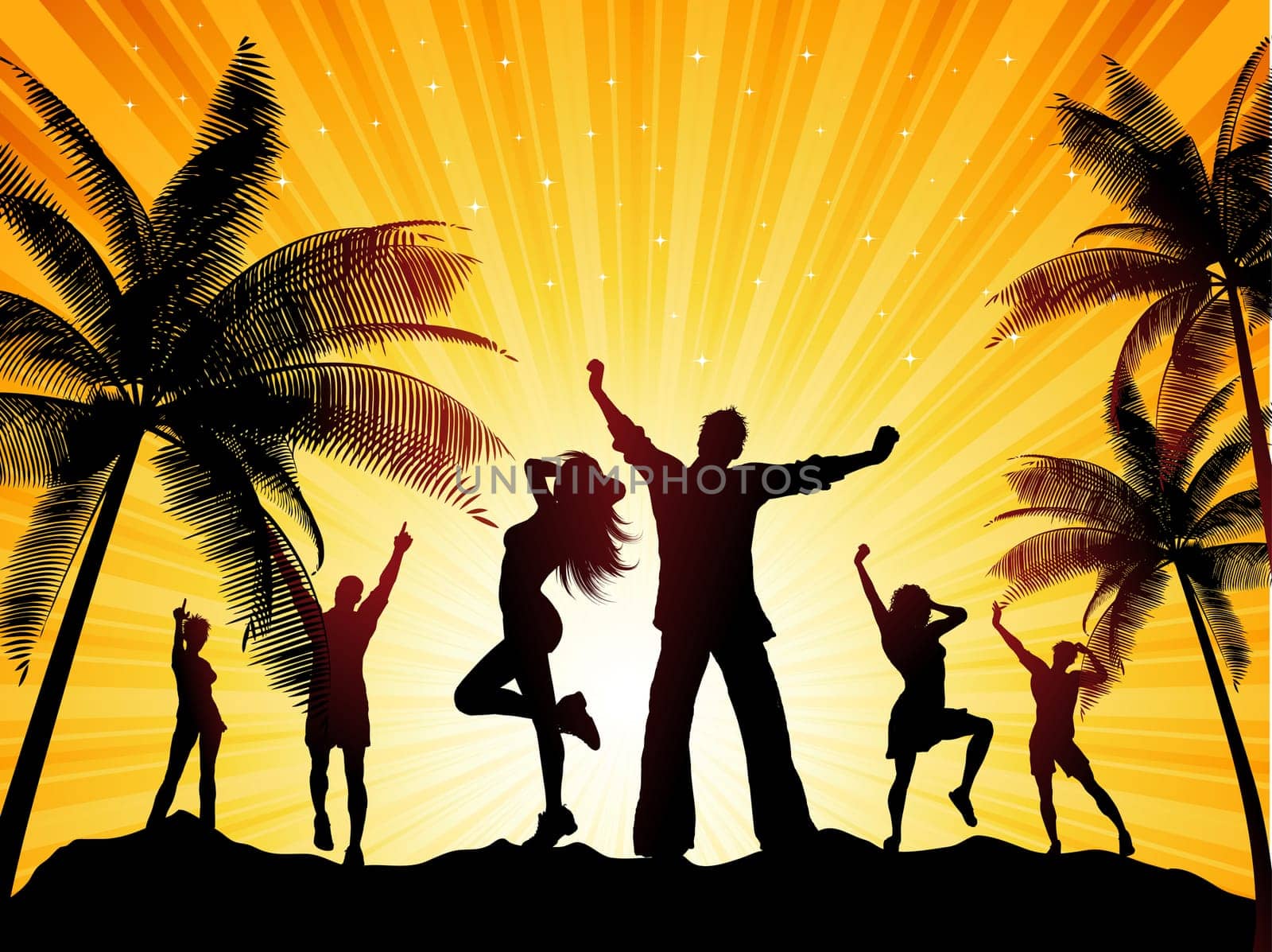 Silhouettes of people dancing on a tropical background