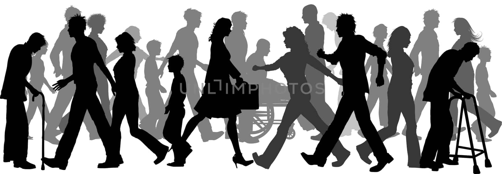 Silhouette of a huge crowd of people walking