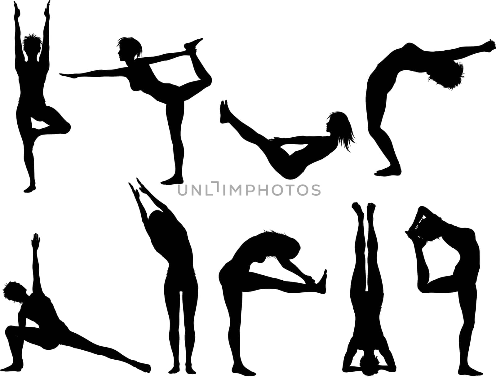 Silhouettes of females in various yoga poses