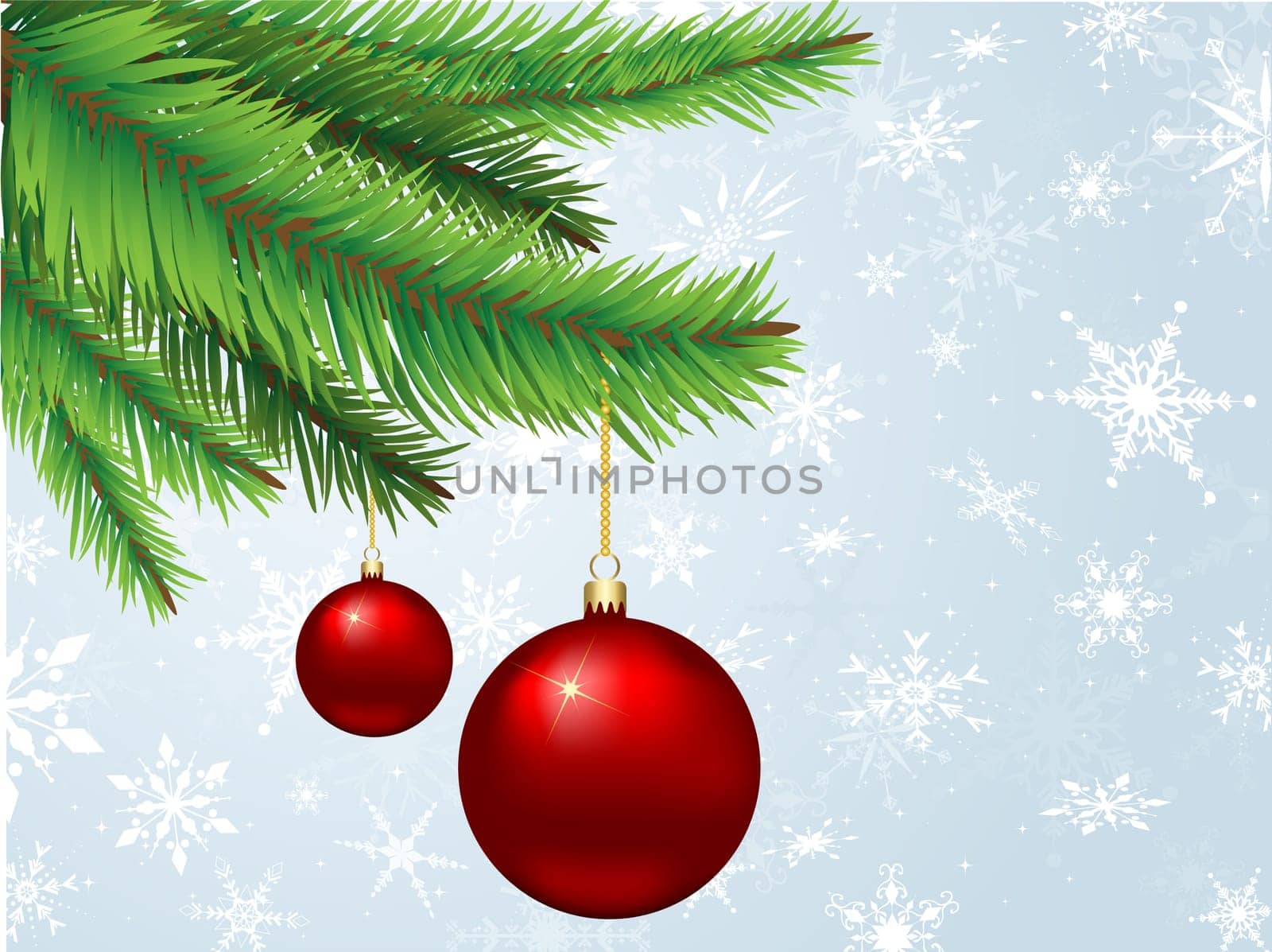 Christmas baubles hanging on pine tree branches on a snowflake background