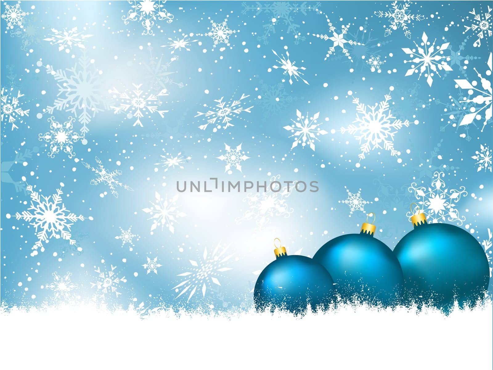Christmas baubles nestled in snow on a snowflake background