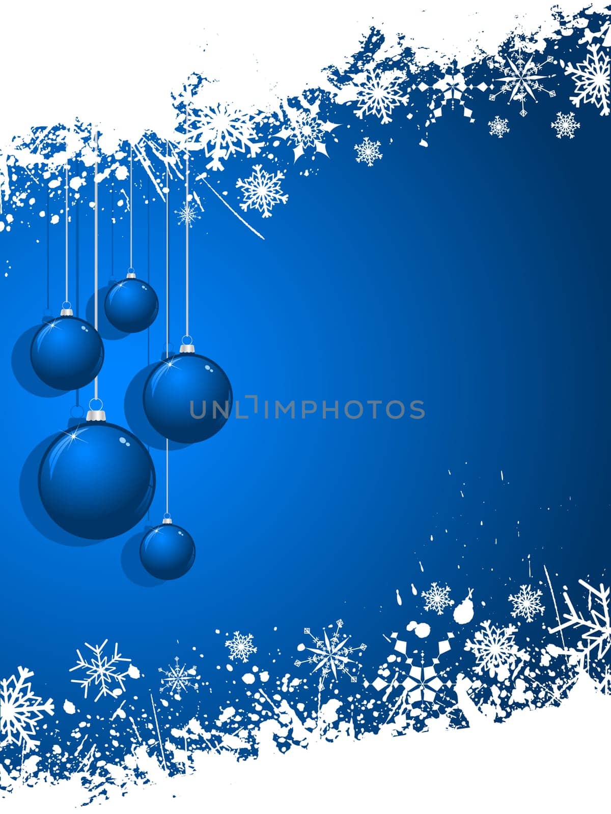 Hanging Christmas baubles on a grunge snowflake background