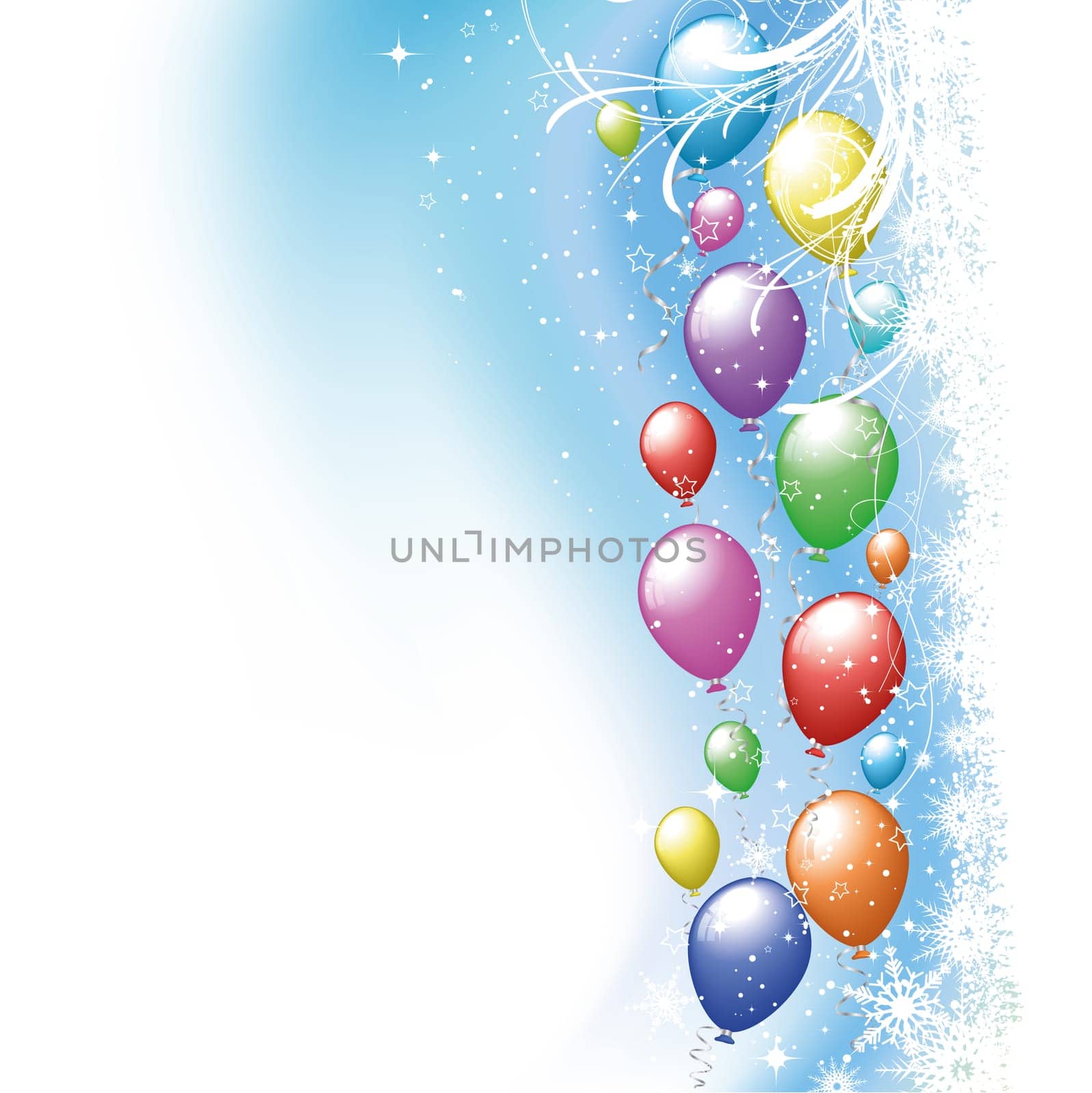 Colourful party balloons on a Christmas snowflake background