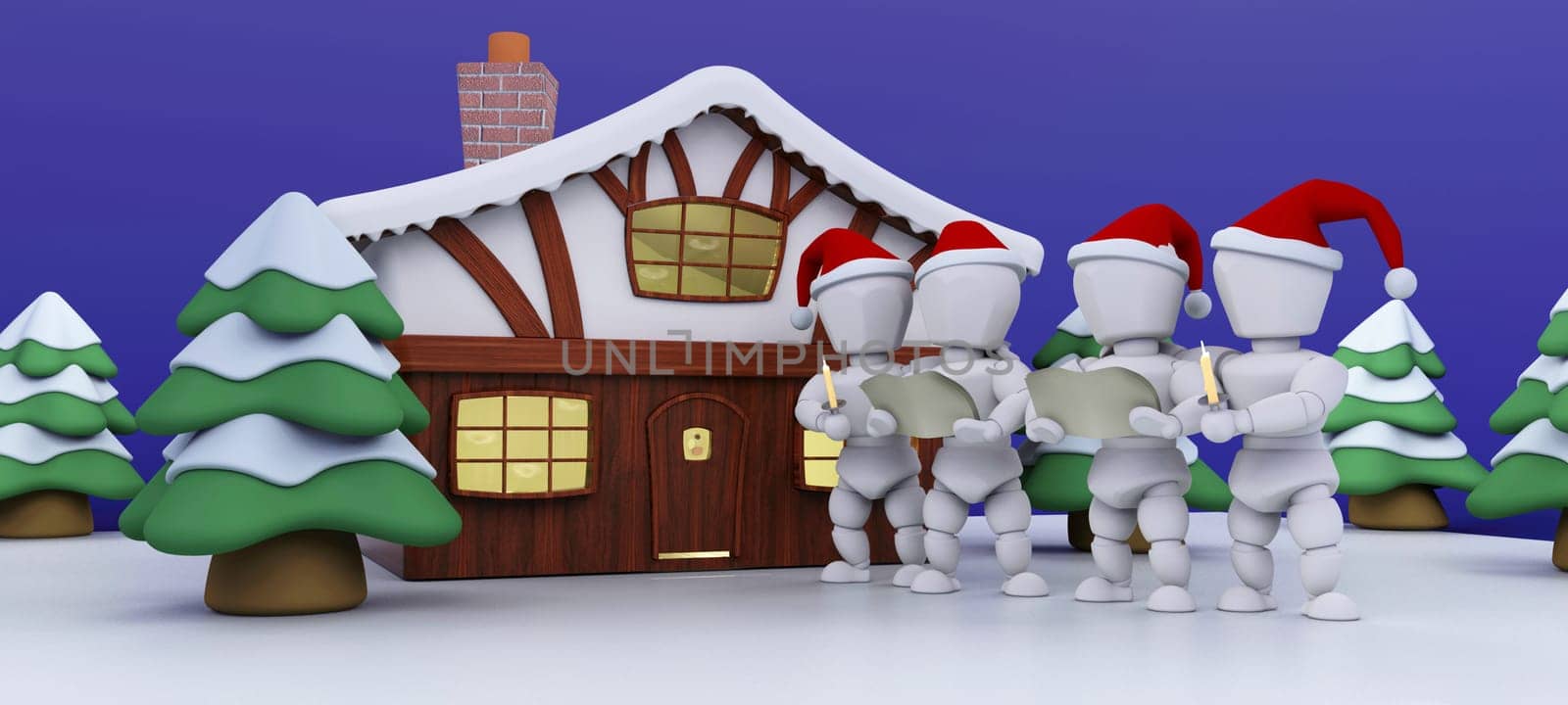 3D Render of carol singers at a winter cabin